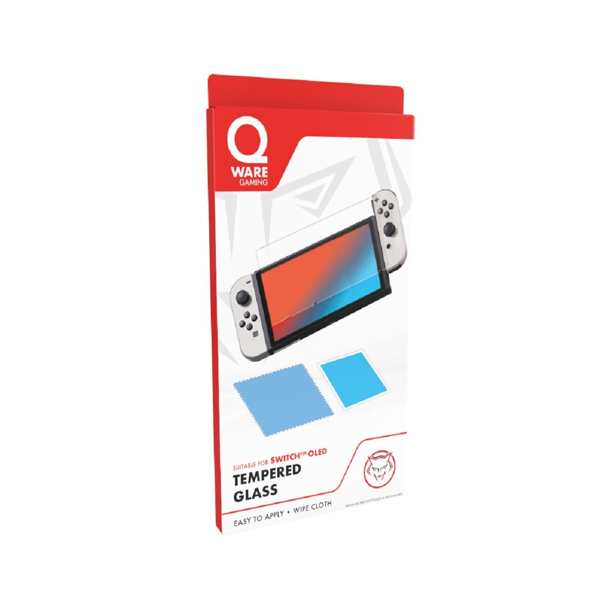 Nintendo Switch OLED Displayschutzverpackung. Weiße Switch. Rote und schwarze Verpackung.