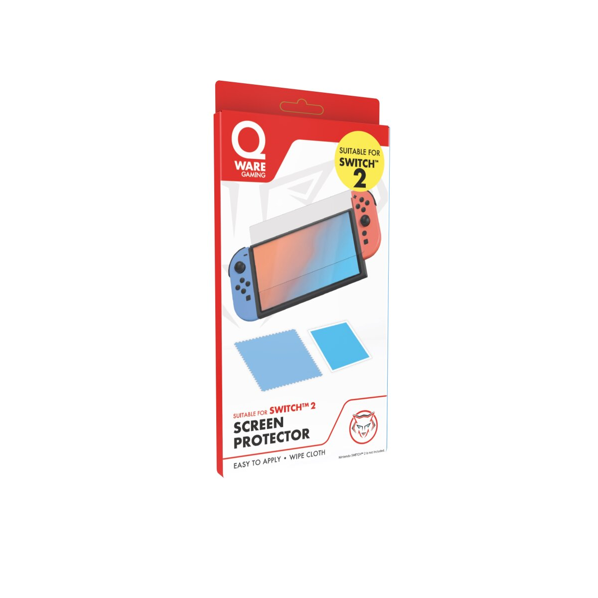Nintendo Switch 2 Displayschutzverpackung. Rote und blaue Joy-Cons. Weiße Verpackung.