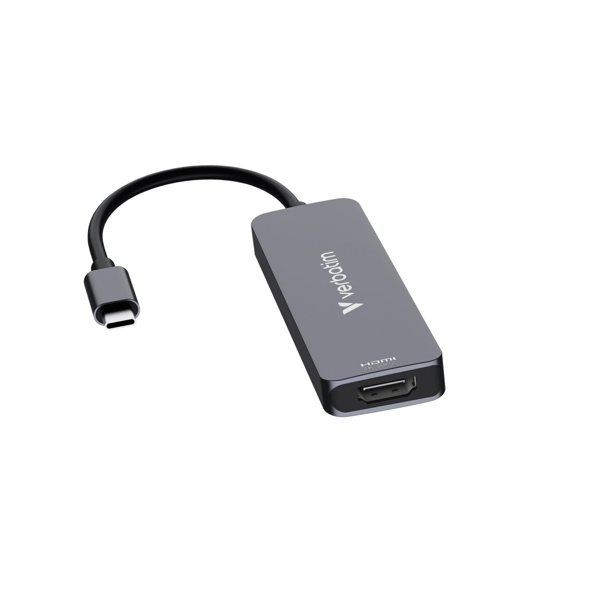Een grijze Verbatim HDMI-adapter met een korte kabel.