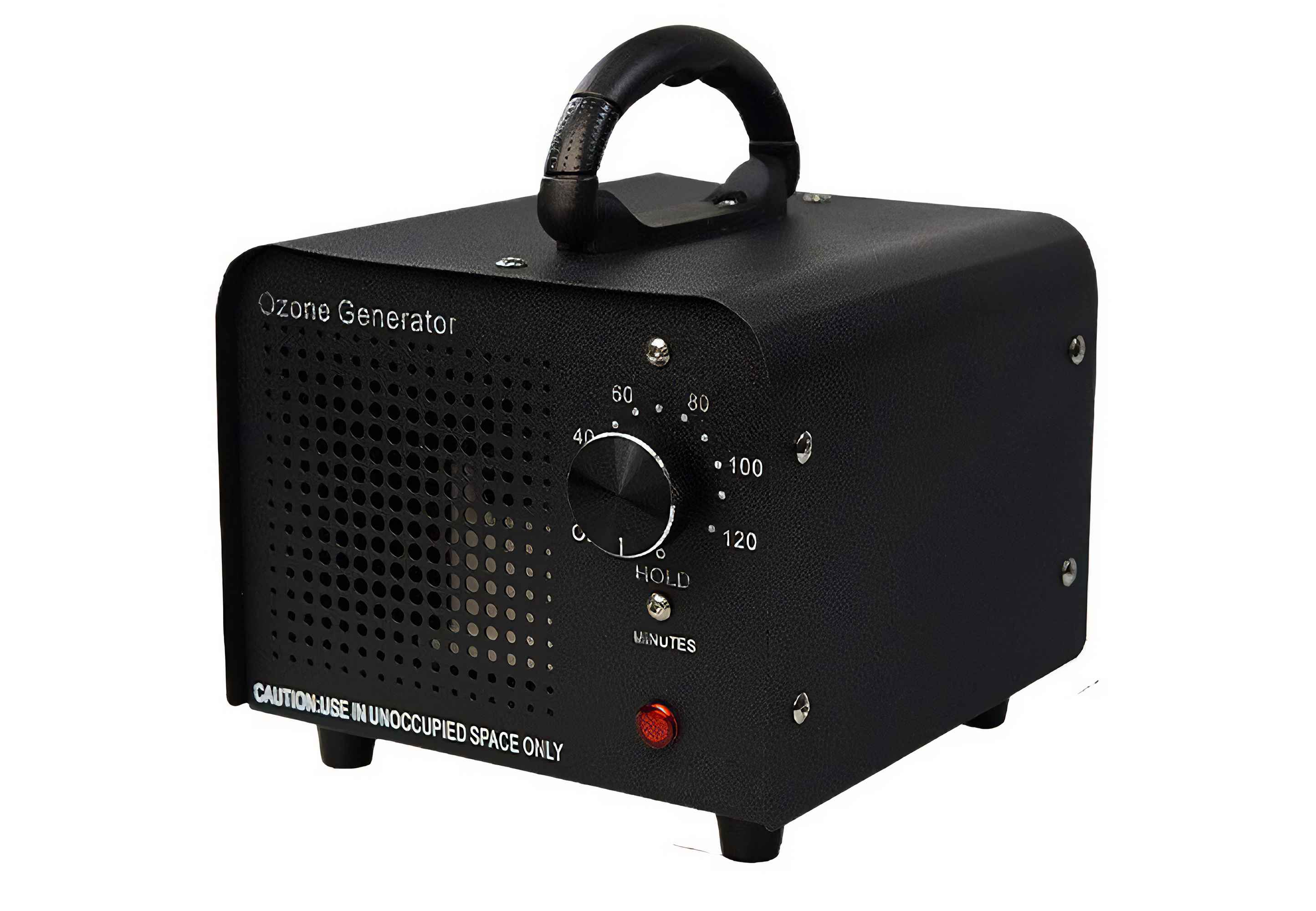 Schwarzer Ozongenerator mit Griff und Wahlrad. Text lautet "Ozongenerator" und "Vorsicht: Nur in unbewohnten Räumen verwenden".