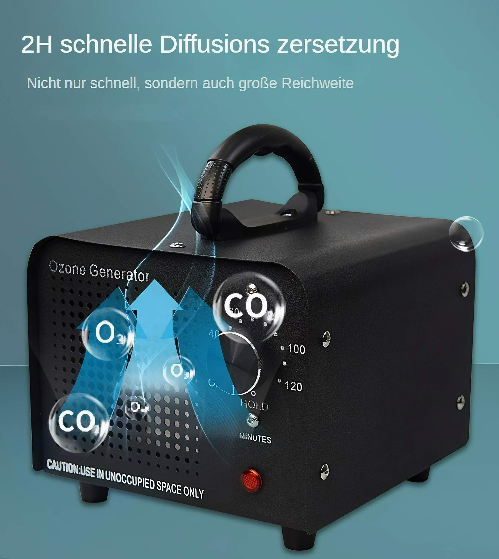 Schwarzer Ozongenerator mit Griff und Timer. Blaue Pfeile zeigen den Gasfluss. Weißer Hintergrund.