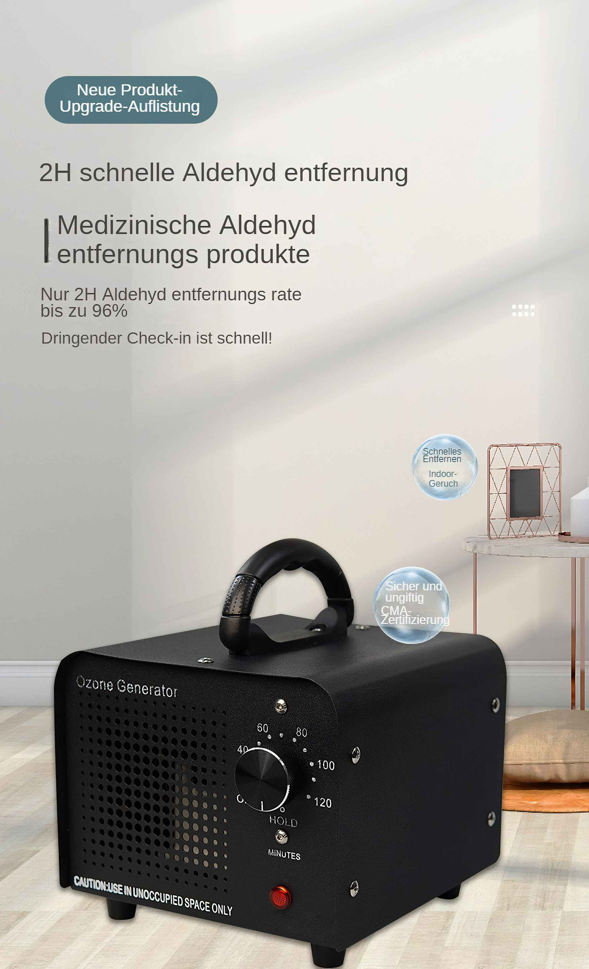 Schwarzer Ozongenerator, Timer und Text. Verwendung in unbewohnten Räumen. Text auf Deutsch. Weißer Hintergrund.