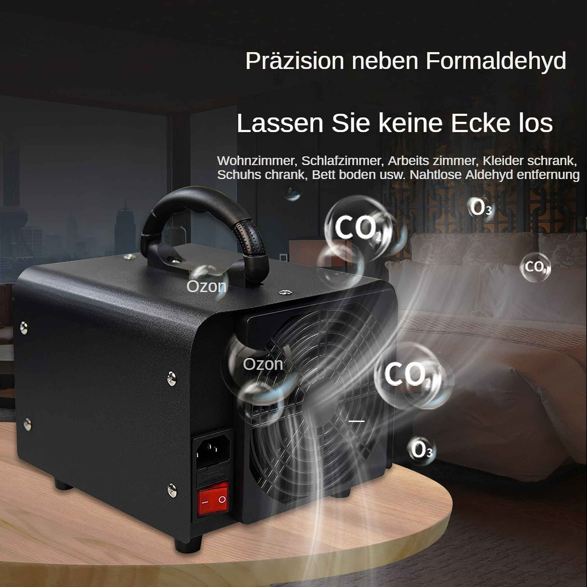 Schwarzer Luftreiniger auf einem Holztisch. Text auf Deutsch. Schlafzimmer im Hintergrund mit CO- und O3-Symbolen.