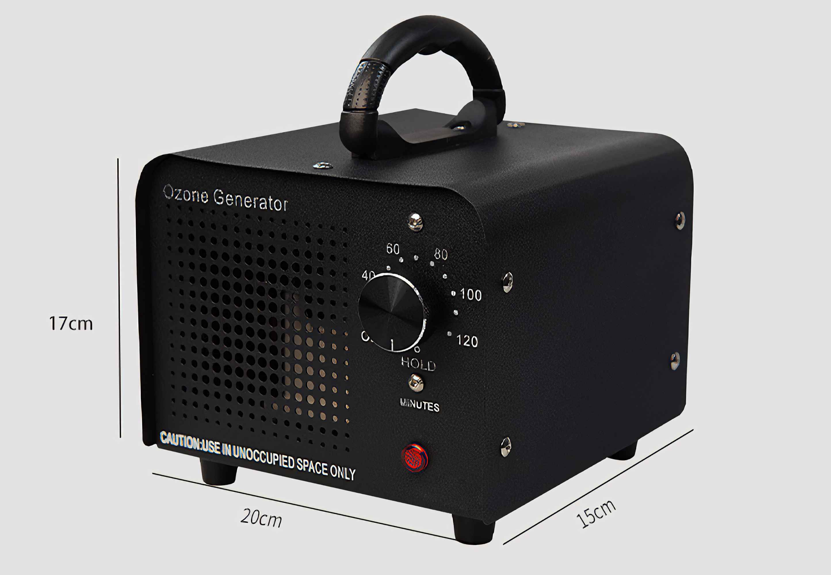 Schwarzer Ozongenerator mit Griff, Steuerknopf und Lüfter. Text lautet 'Ozongenerator' und 'Achtung'.
