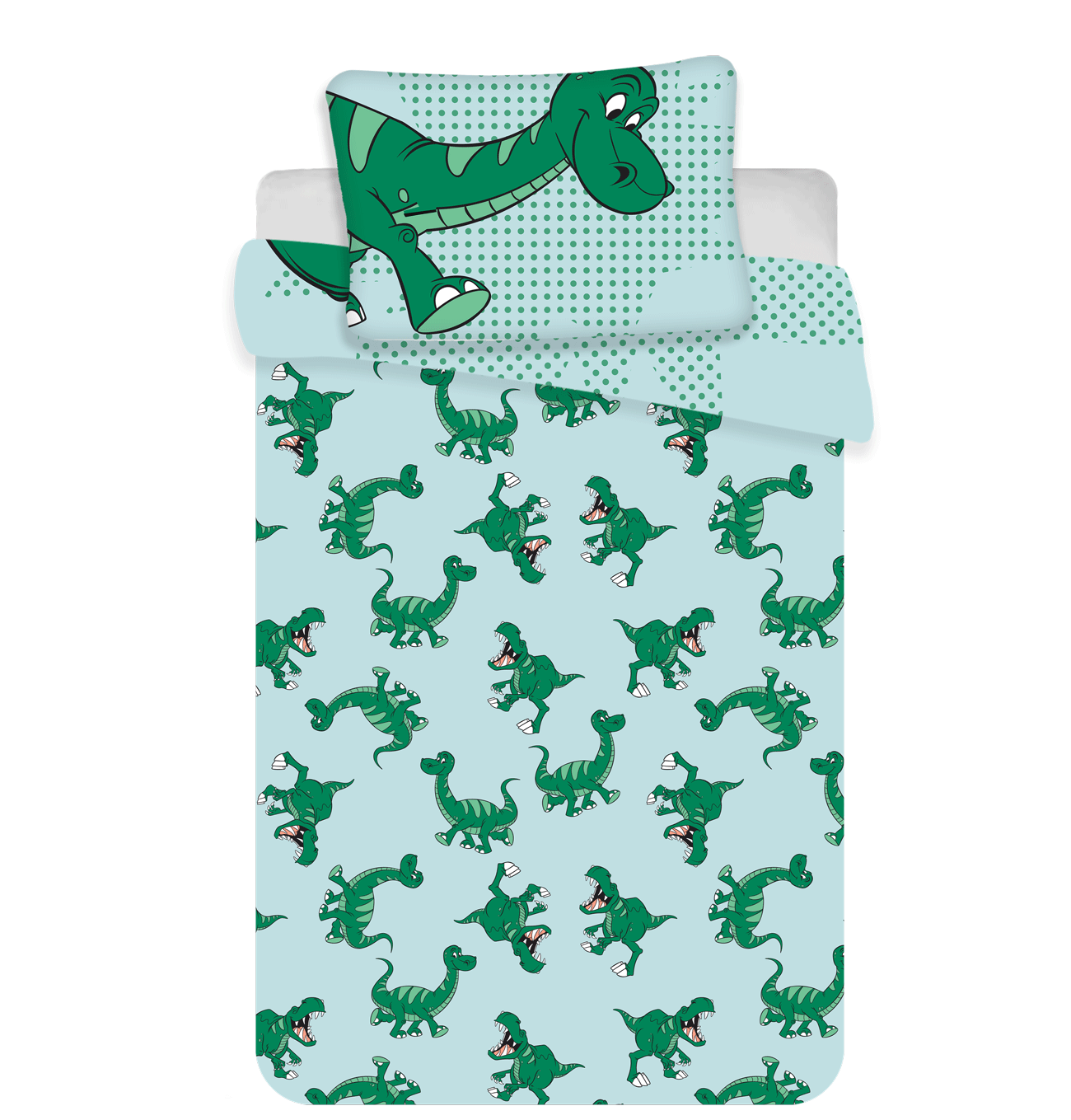 Bettwäsche-Set mit einem grünen Dinosaurier-Muster auf blauem Hintergrund mit Punkten.