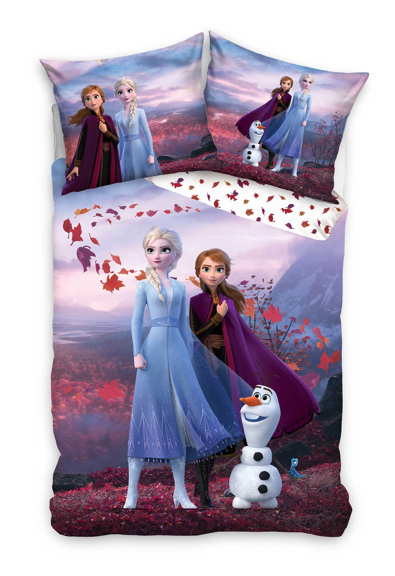 Frozen-Bettwäsche mit Elsa und Anna auf der Bettdecke und dem Kissen, umgeben von Blättern.