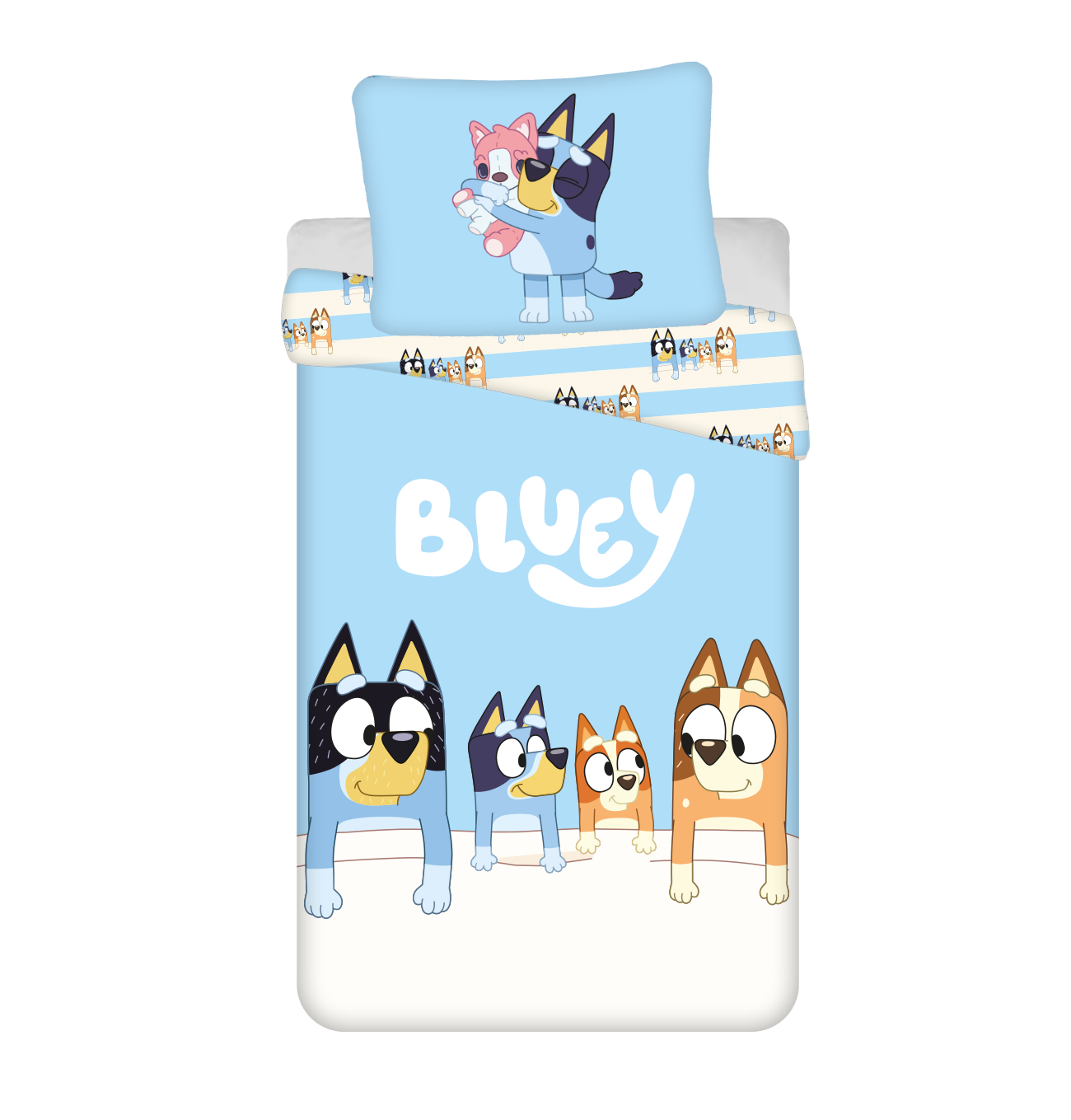 Bluey-Bettwäsche-Set. Die Bettdecke zeigt Bluey und ihre Familie, das Kissen Bluey und Bingo.