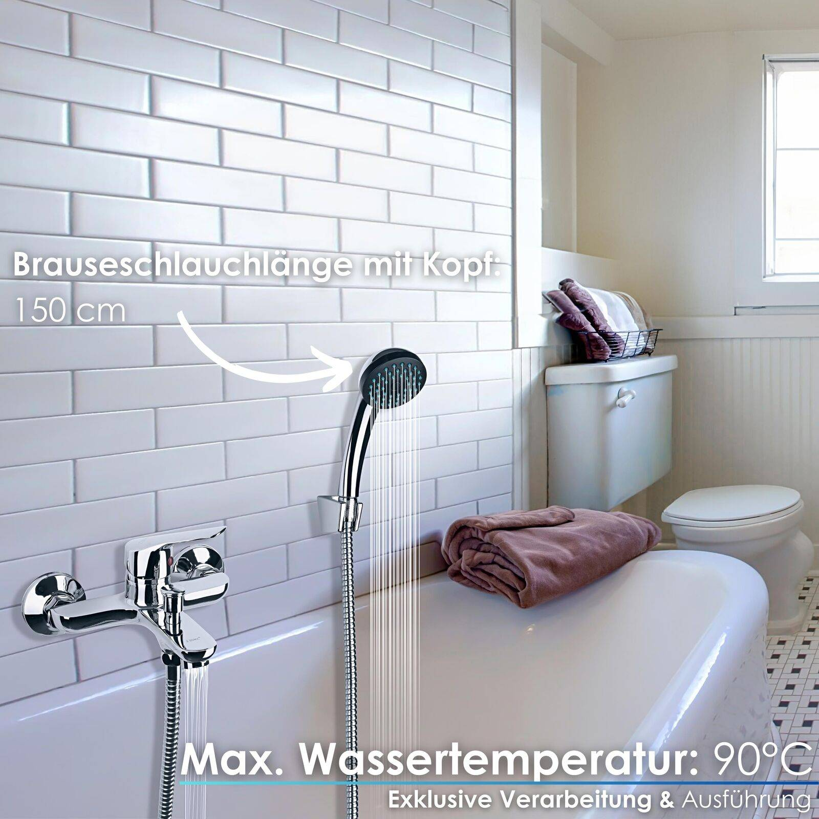 Eine Badezimmerszene mit Duschkopf, Wanne und Armatur. Text zeigt maximale Wassertemperatur.