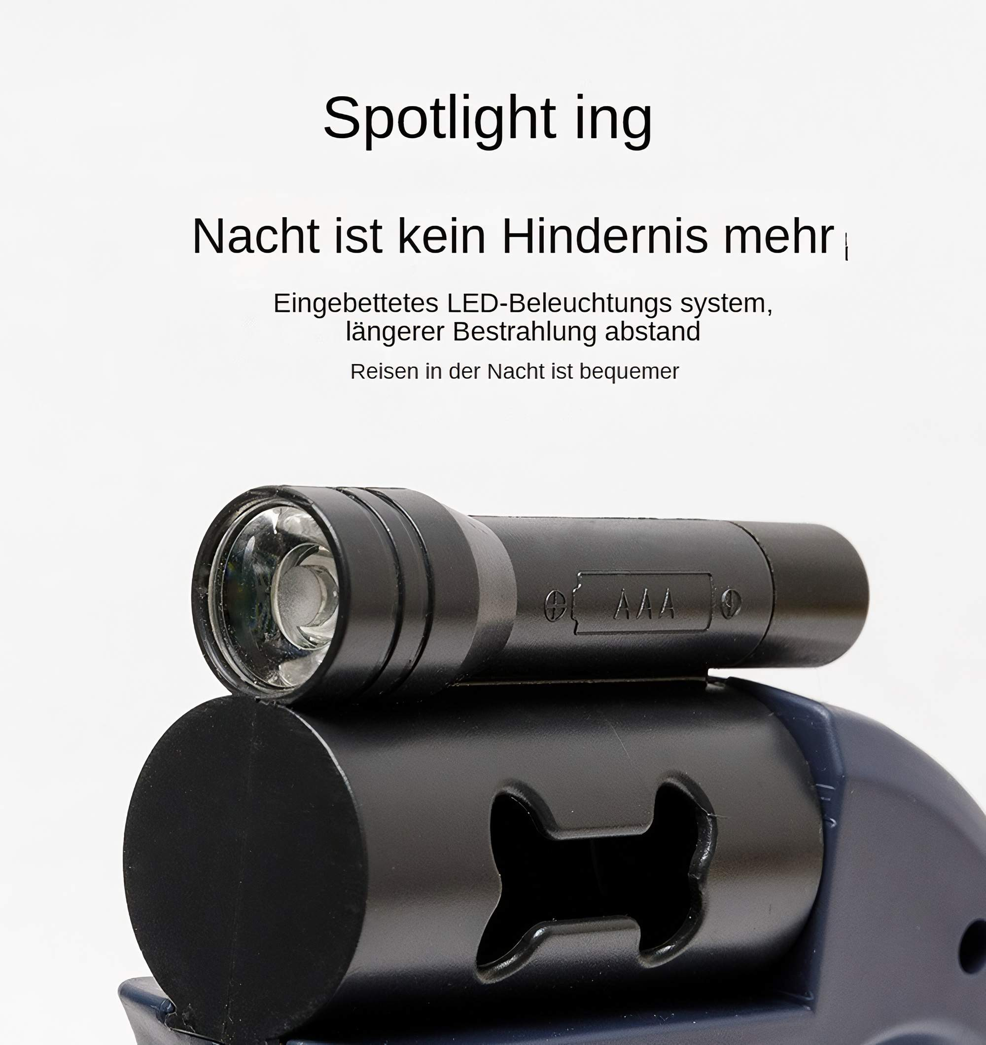 Nahaufnahme einer Hundeleine mit einer Taschenlampe, einem Beutelspender und Text.