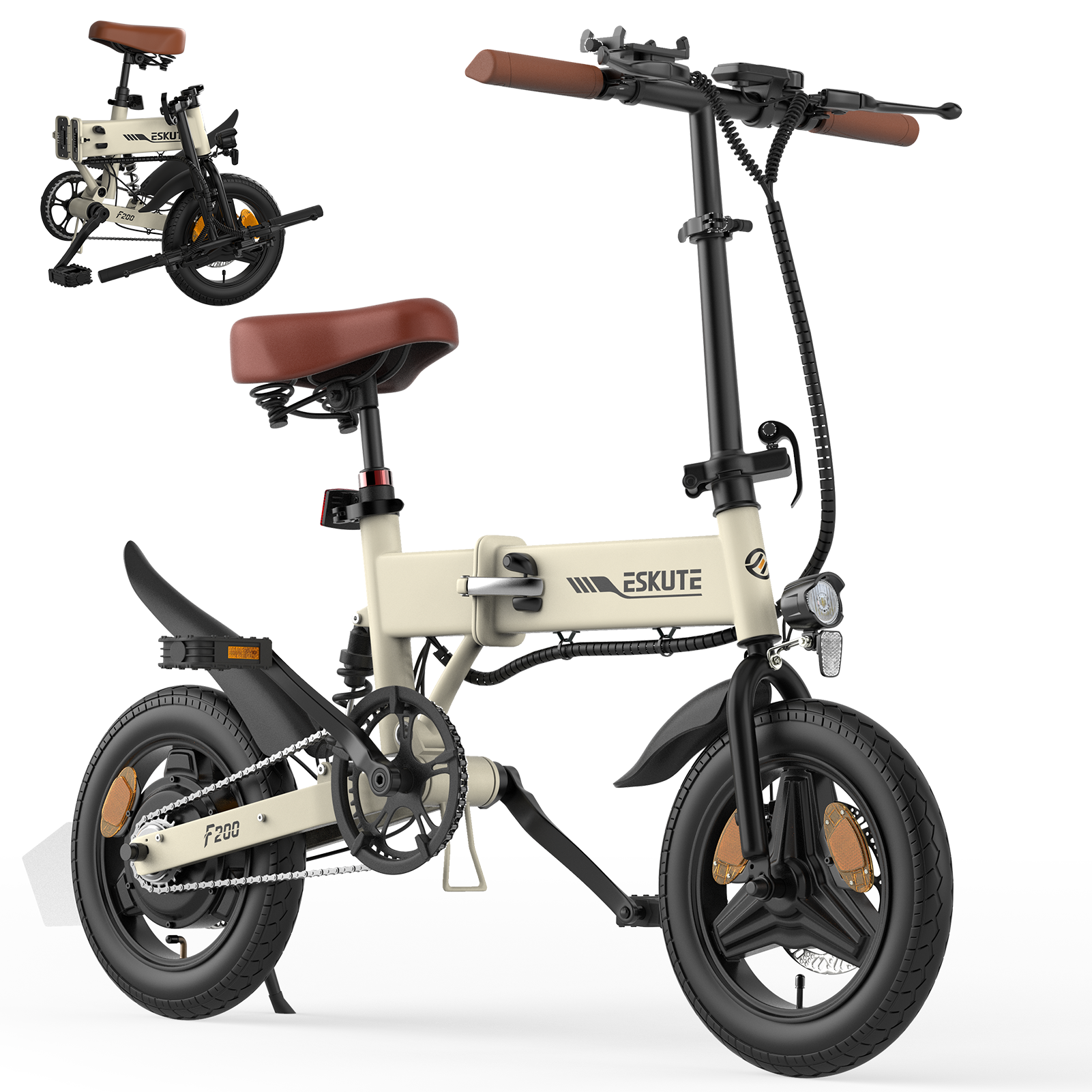 Una bici elettrica pieghevole color crema con sella e manubrio marroni, pneumatici e componenti neri.