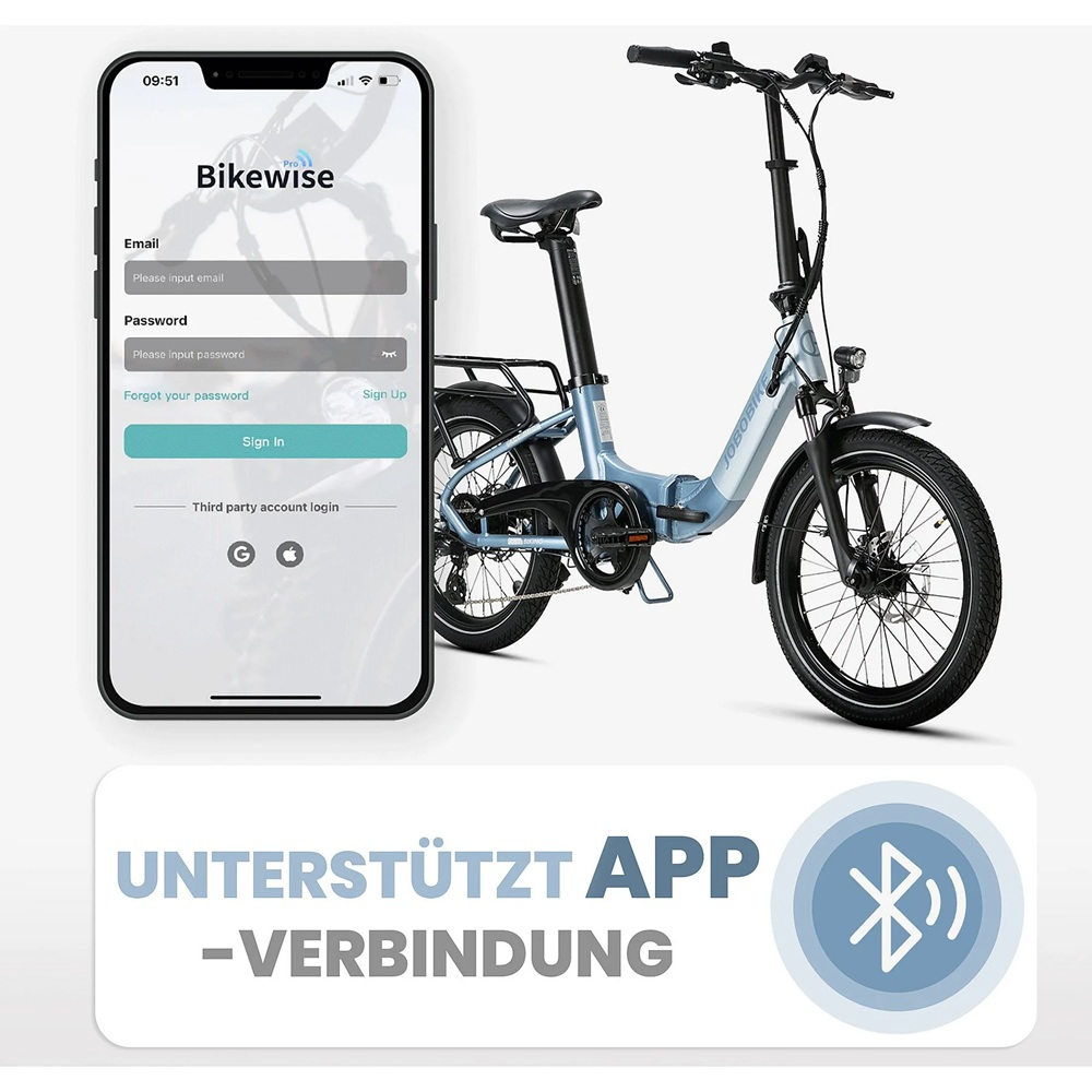 Ein Telefon, das eine Bikewise-App neben einem blauen Elektrofahrrad anzeigt. Weißer Hintergrund.
