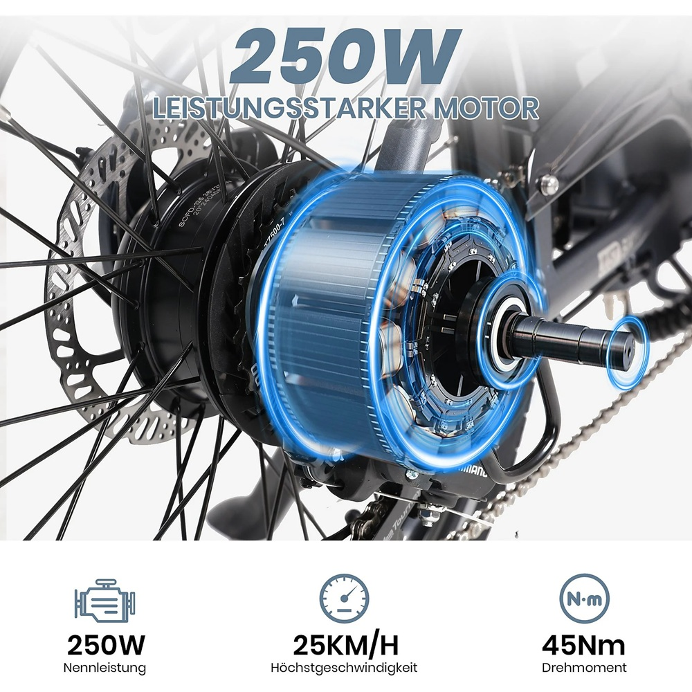 Nahaufnahme eines Fahrradmotors. Blaues Licht hebt das Innenleben hervor. Text lautet 250W, 25 km/h und 45Nm.