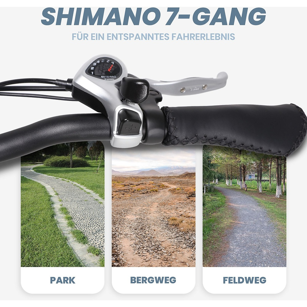 Nahaufnahme eines Fahrradlenkers mit Shimano-Schalthebel und drei kleinen Bildern verschiedener Wege.