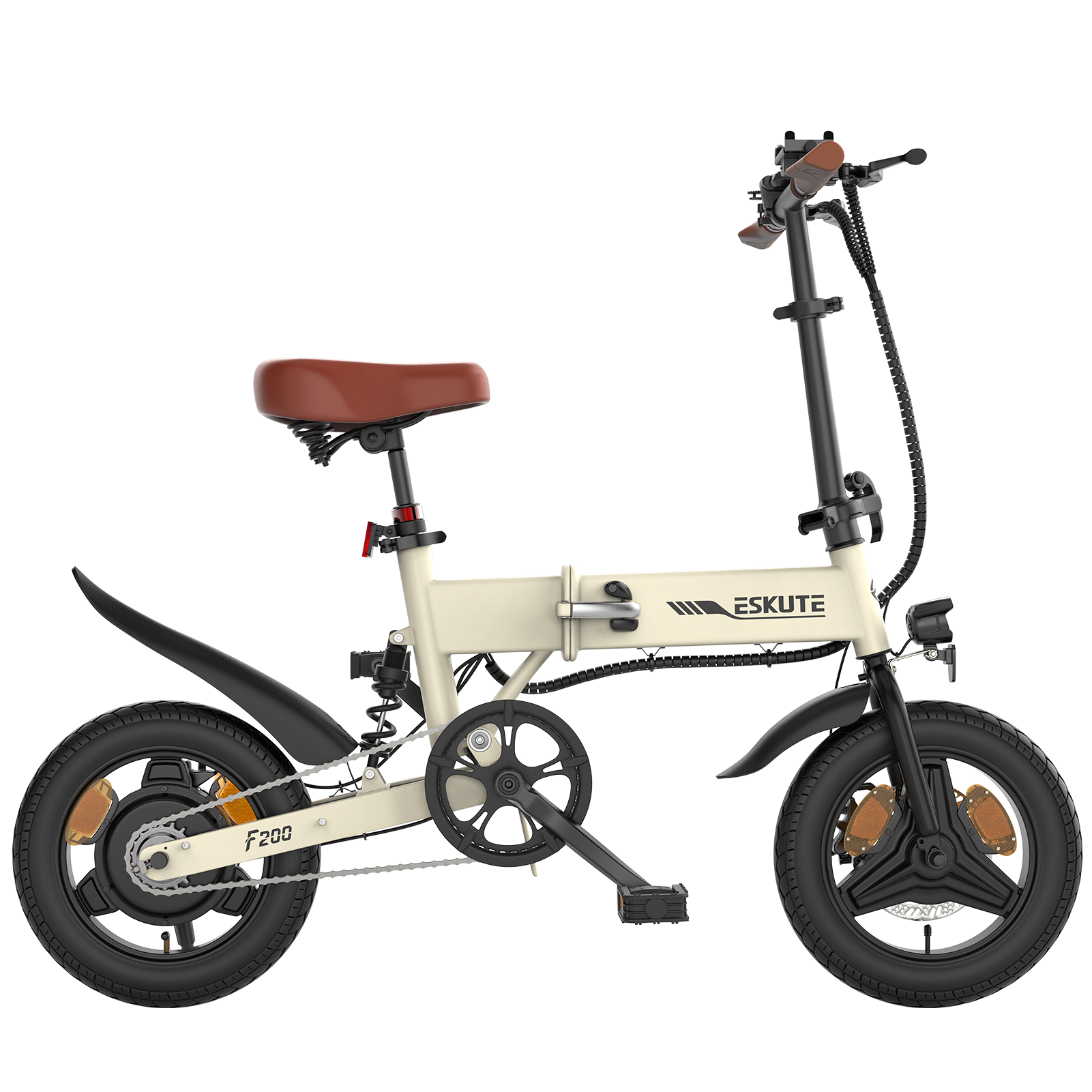 Bici elettrica pieghevole, color crema, sella marrone, pneumatici neri e marchio ESKUTE sul telaio.