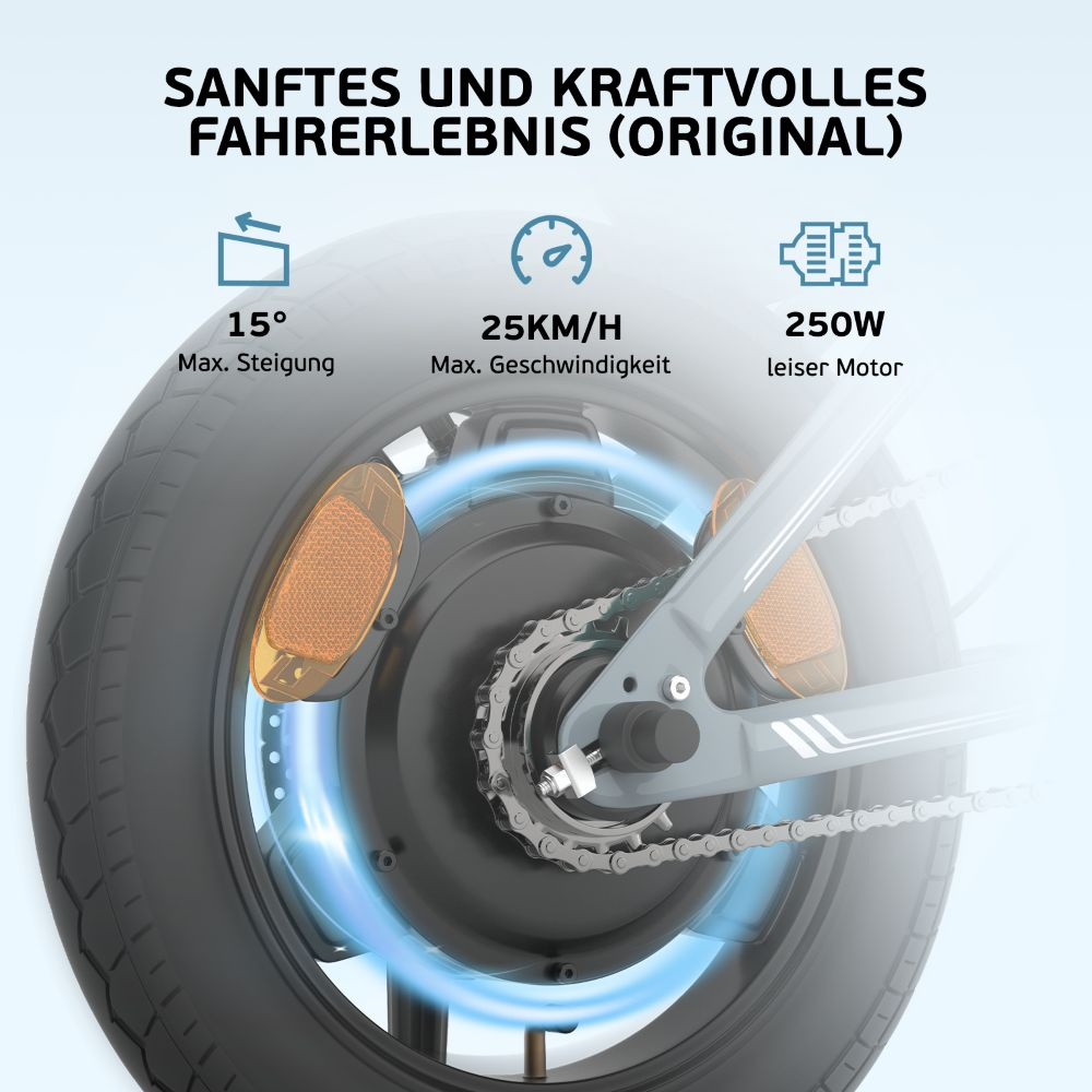 Primo piano della ruota posteriore di una e-bike con testo che indica l'inclinazione massima, la velocità e un motore silenzioso.