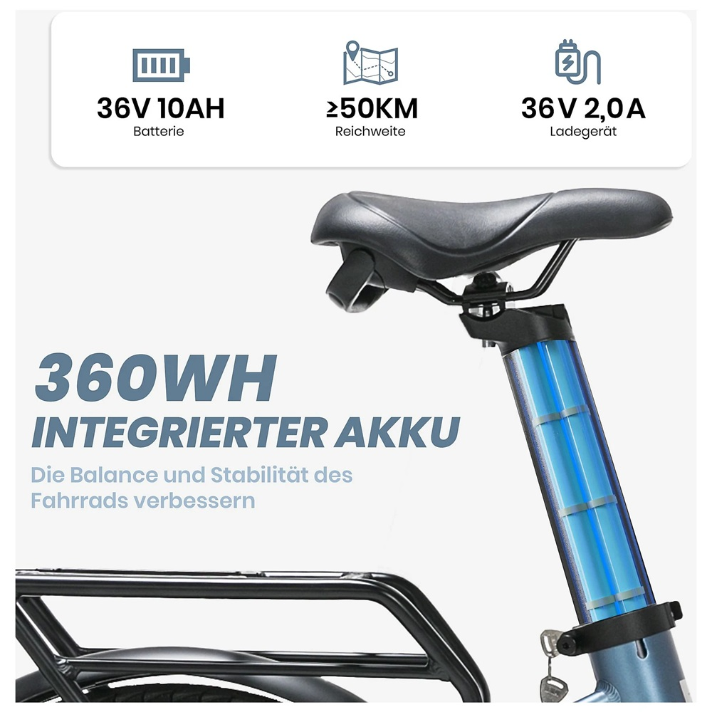Ein Elektrofahrrad mit Akku und Sitz. Der Text enthält eine 36V 10AH Batterie, eine Reichweite von 50 km und ein 36V 2,0A Ladegerät.