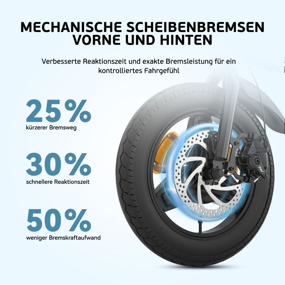 Nahaufnahme eines Fahrradrads mit Text über mechanische Scheibenbremsen, mit 25 %, 30 % und 50 % Verbesserungen.
