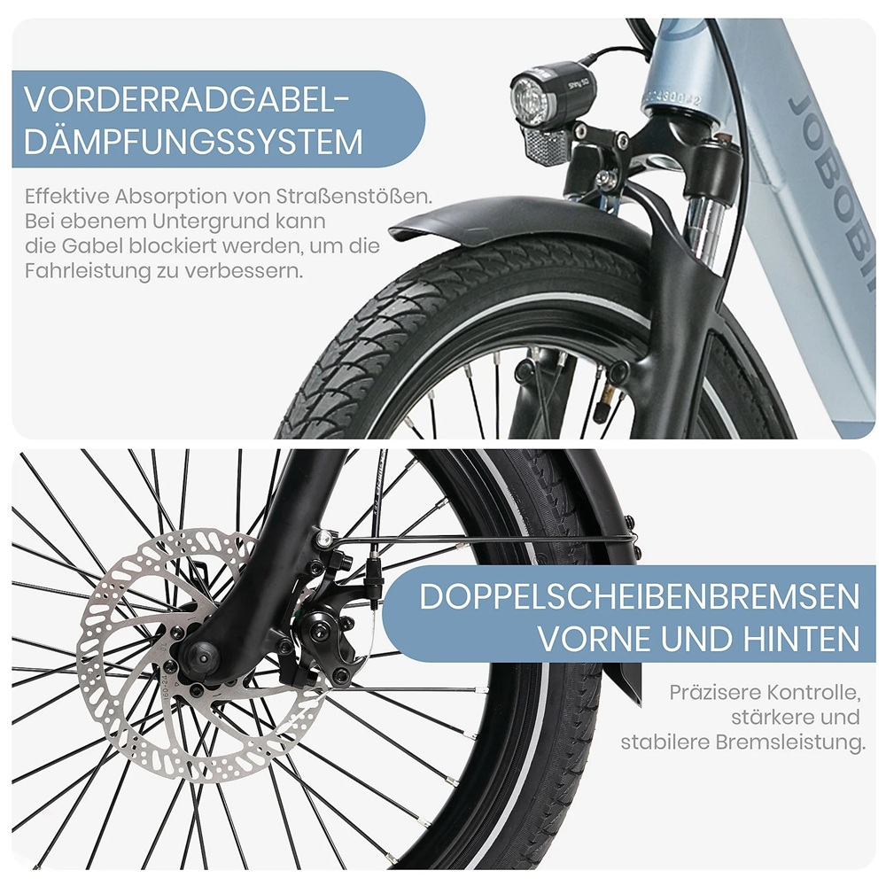 Nahaufnahme des Vorderrads und der Federung eines Fahrrads mit Text über Doppelscheibenbremsen und Vorderradgabel.