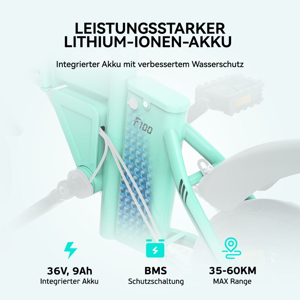 Un telaio di e-bike color verde acqua con testo su una batteria agli ioni di litio. Caratteristiche: 36V, 9Ah, BMS e un'autonomia di 35-60KM.