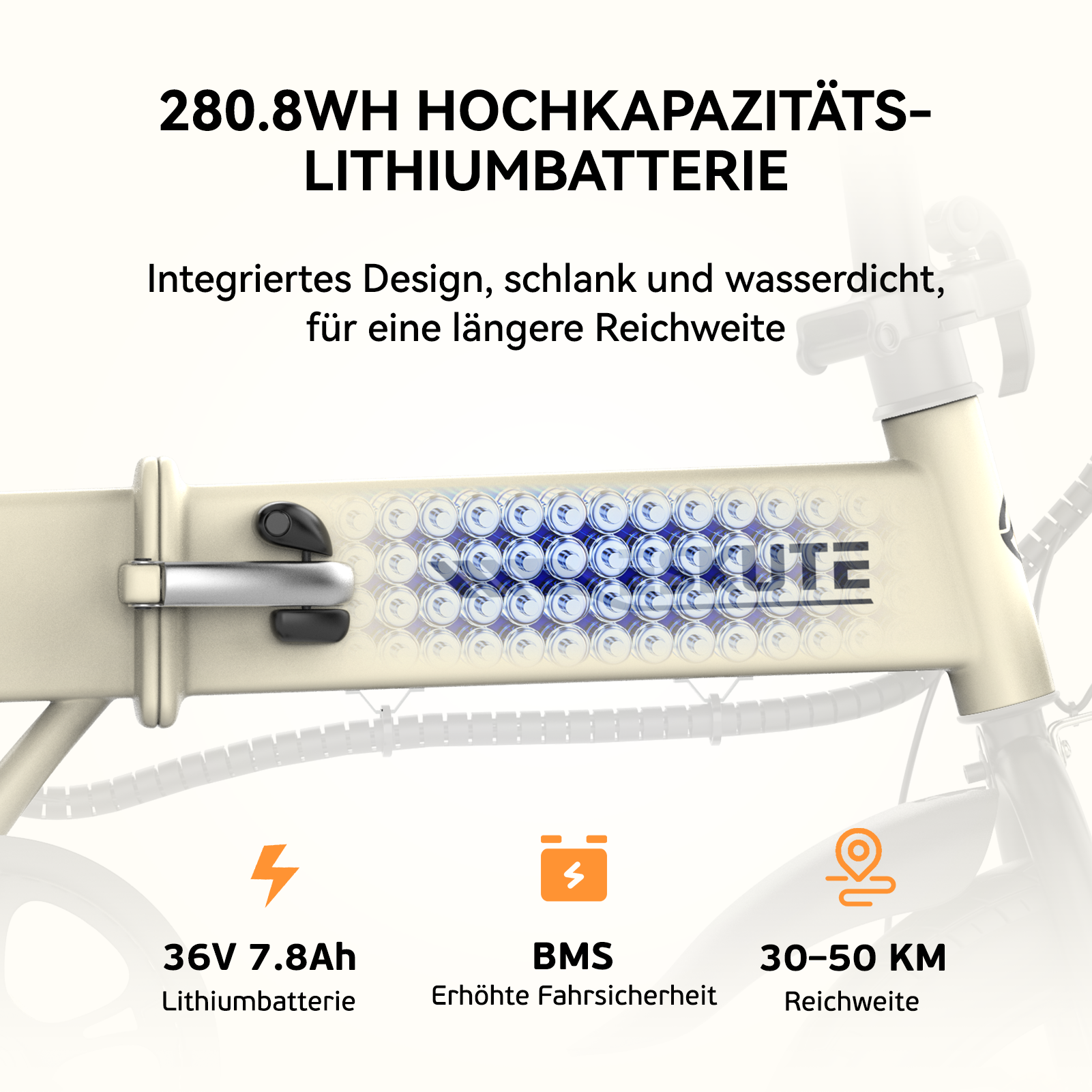 Un telaio di bici elettrica con testo. Include una batteria al litio da 36V 7,8Ah e un'autonomia di 30-50 KM.