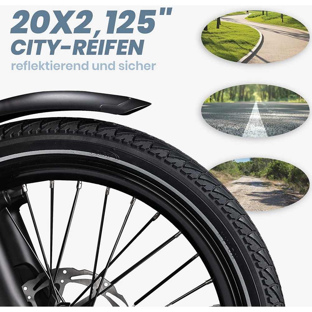 Nahaufnahme eines Fahrradrads mit Reifen und Text: 20x2,125" CITY-REIFEN, mit Pfaden als Hintergründen.