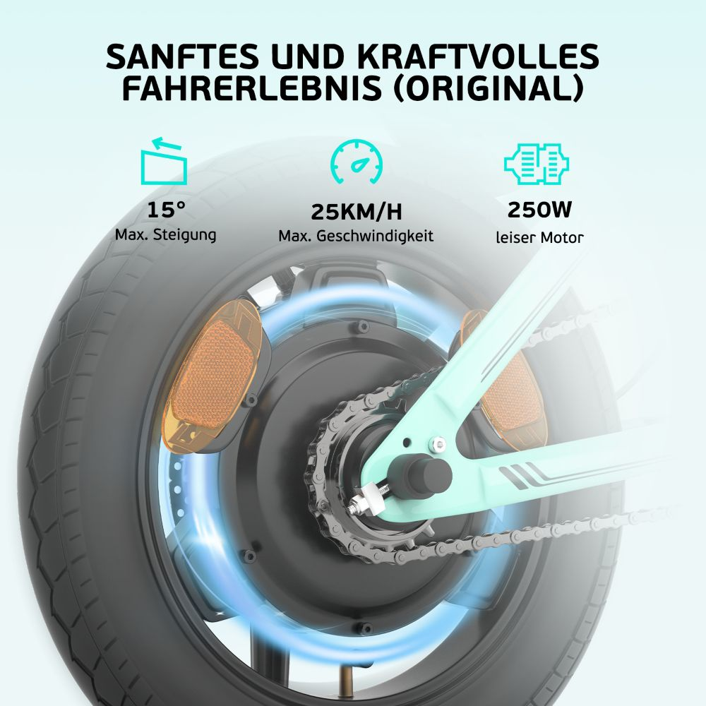 Primo piano della ruota di una bici elettrica che mostra il pneumatico, con testo: 15° max. salita, 25 km/h velocità max., motore 250W.