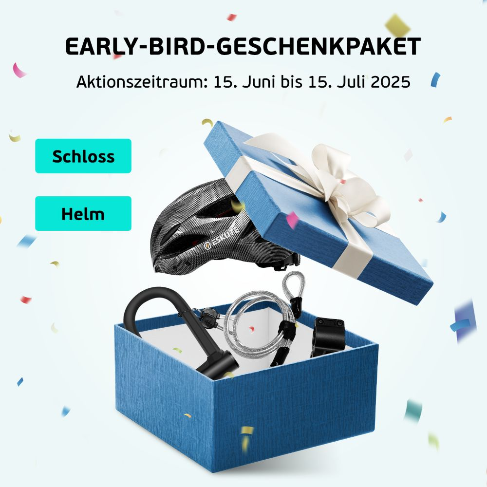 Geöffnete Geschenkbox mit Fahrradhelm, Schloss und Schlüssel. Text zeigt das Frühbucher-Geschenkpaket-Angebot an.