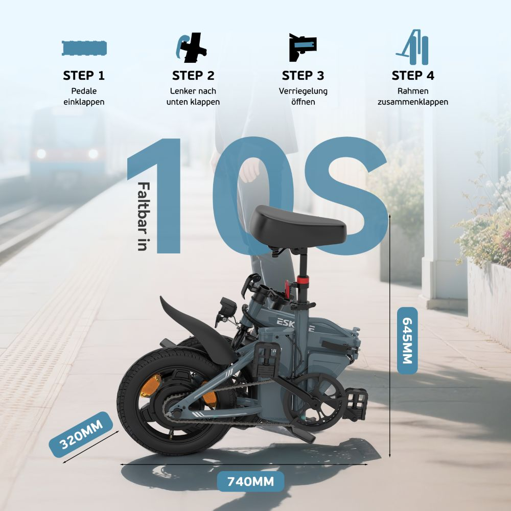 Bicicletta elettrica pieghevole, dimensioni indicate, con istruzioni: piegare pedali, abbassare manubrio, aprire blocco, piegare telaio.