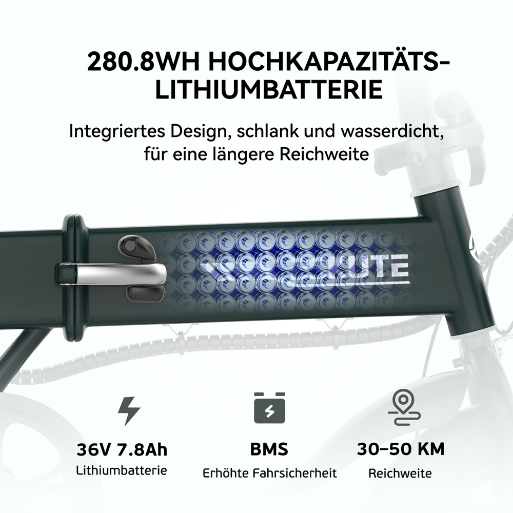 Un primo piano del telaio di una bicicletta elettrica mostra il pacco batteria con le specifiche tecniche.