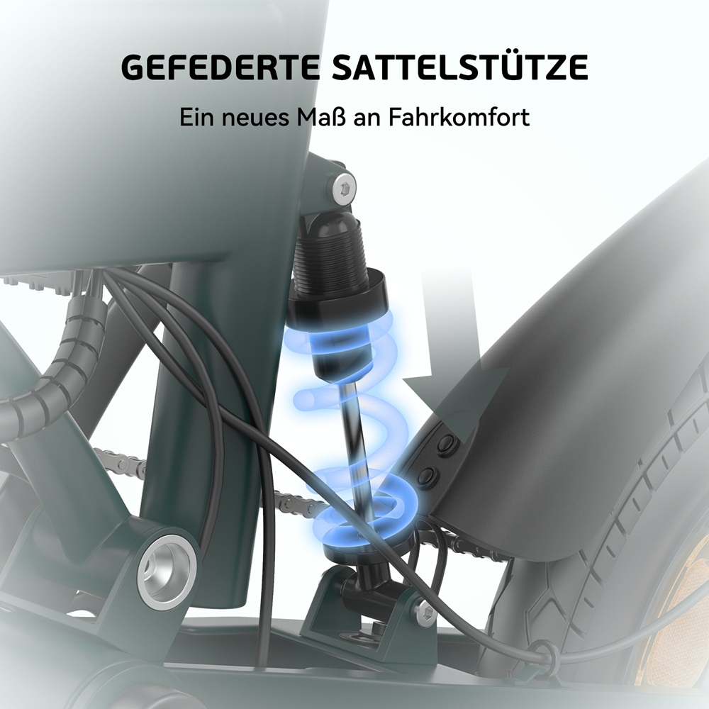 Primo piano della sospensione di una bici elettrica con testo: Una nuova misura di comfort di guida.