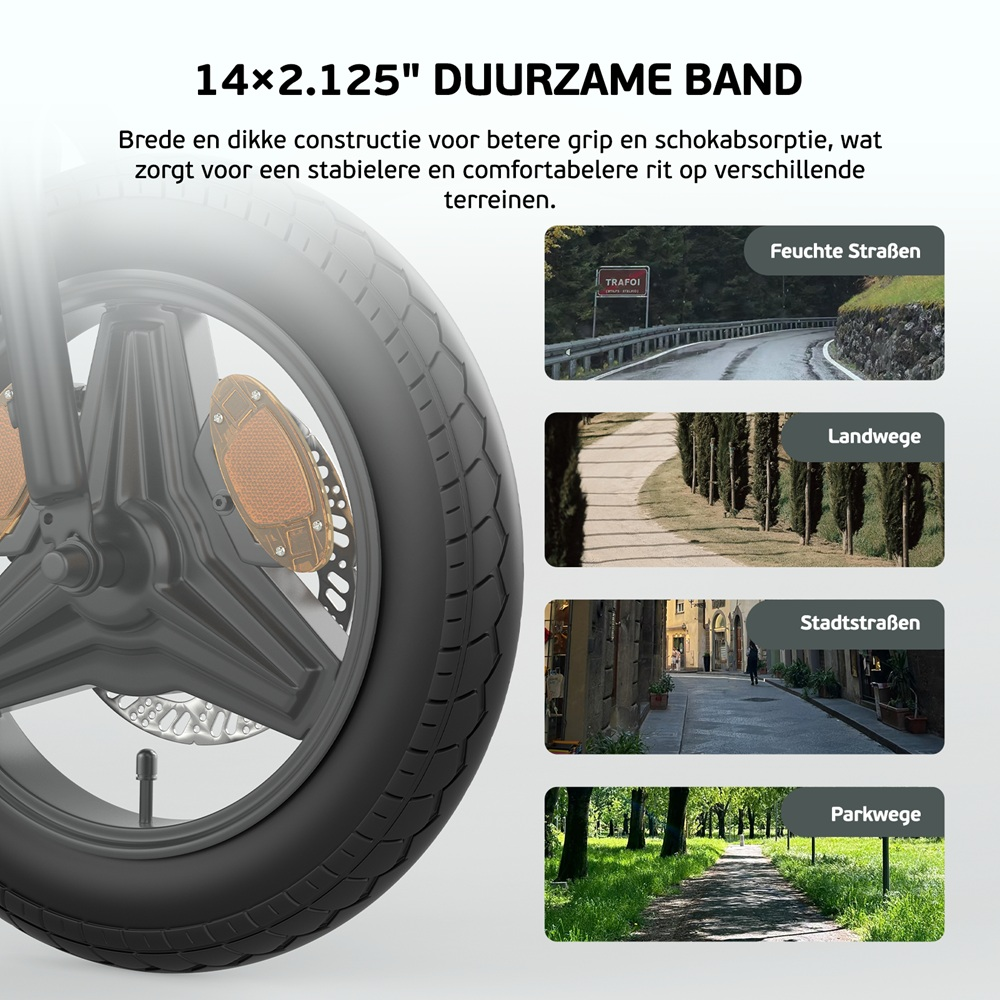 Primo piano di una ruota e pneumatico di bici elettrica con testo su pneumatici durevoli e tipi di strada.