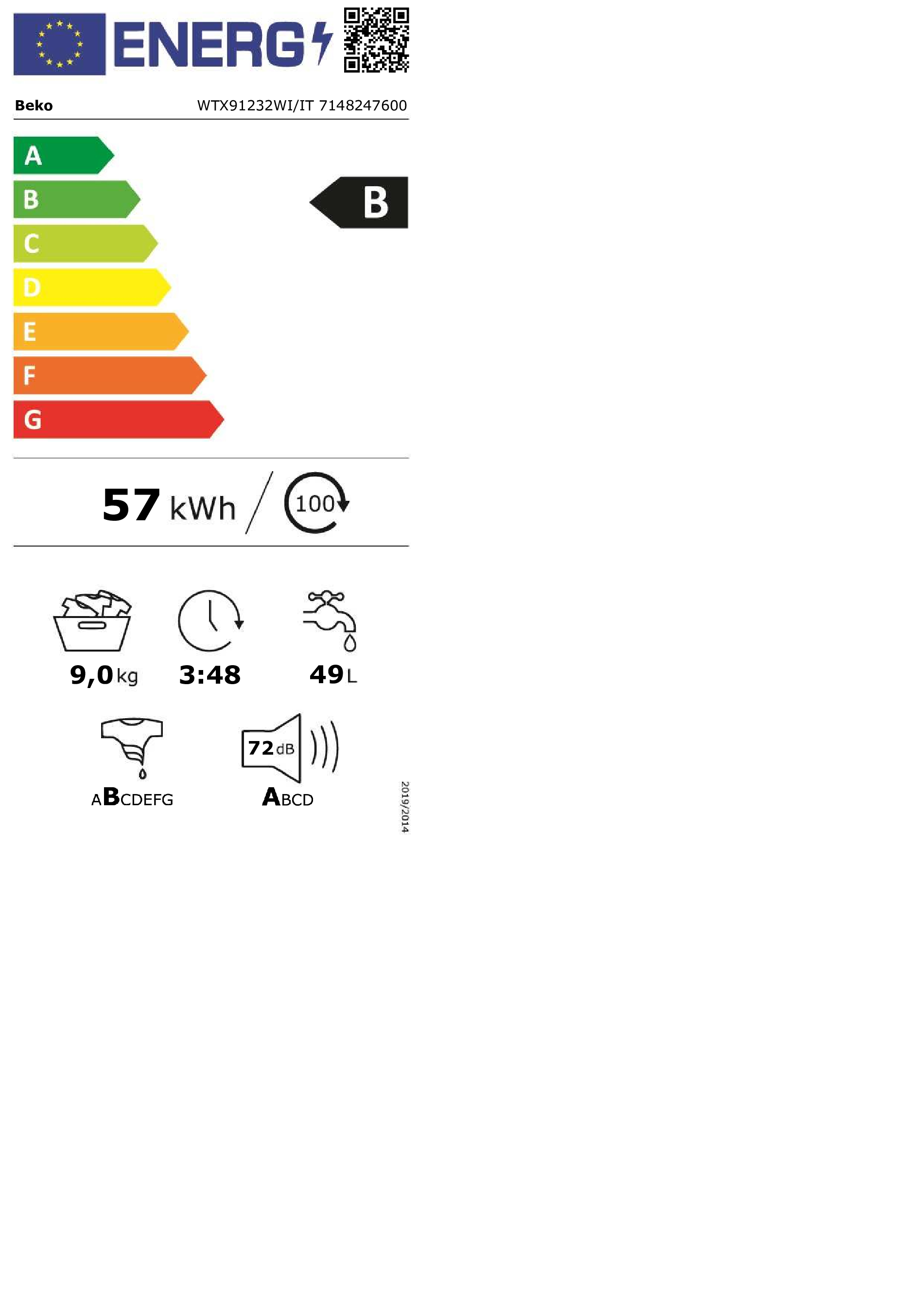 Un'etichetta energetica per lavatrice Beko. L'etichetta mostra l'efficienza energetica.
