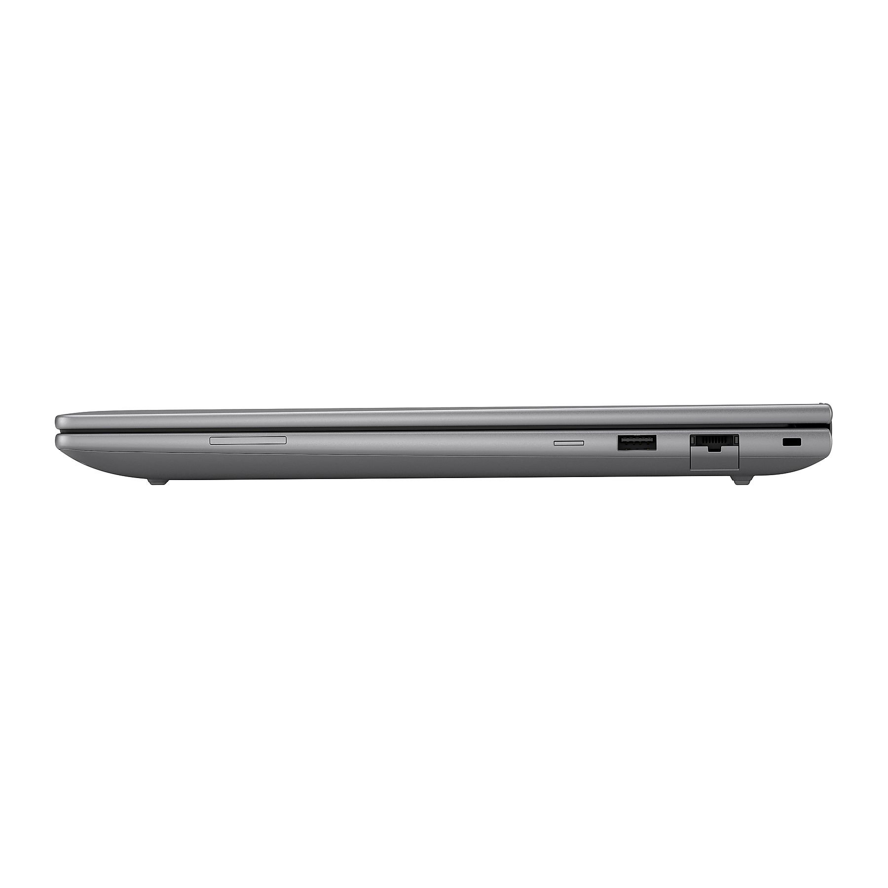 Laptop argentato su sfondo bianco, vista laterale. Le porte sono visibili. Il laptop è chiuso ed elegante.