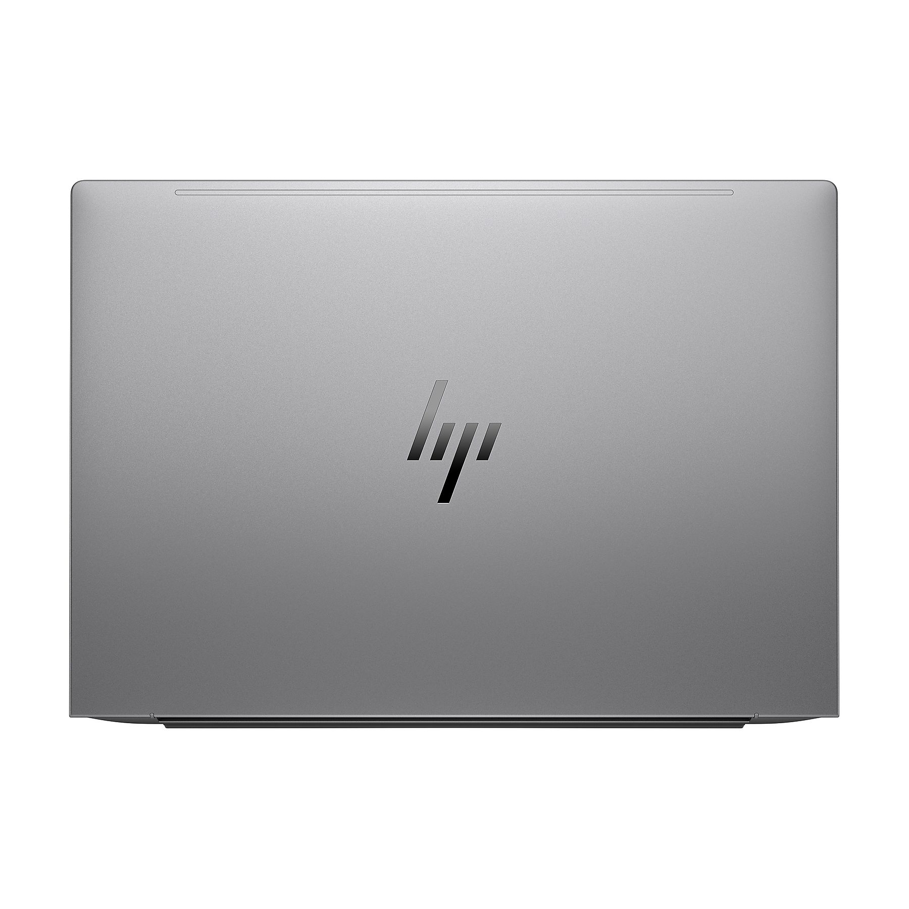 Laptop argentato su sfondo bianco, chiuso. Logo HP centrato sul coperchio. Design semplice e pulito. Vista dall'alto.