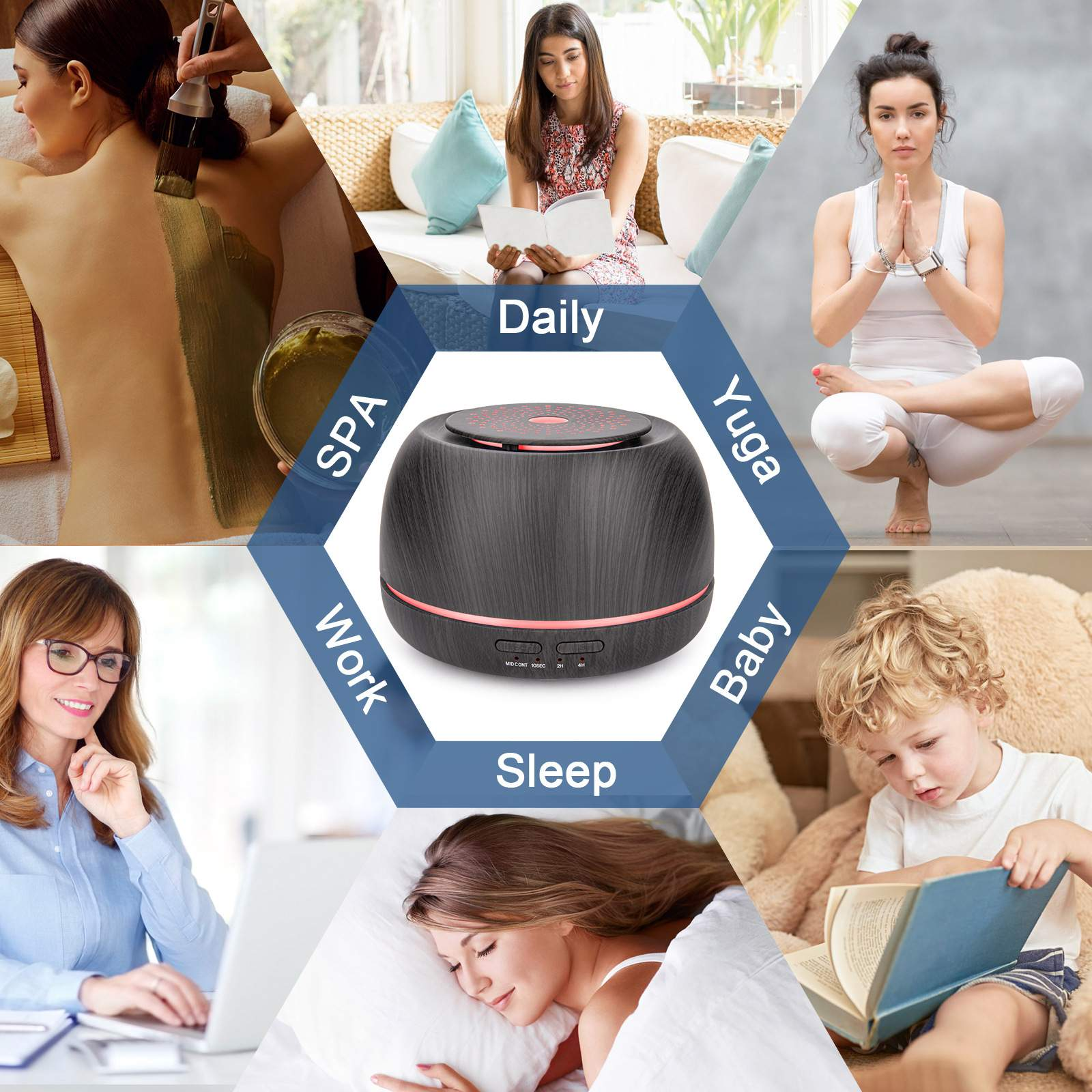 Ein schwarzer Diffusor, umgeben von Bildern von Spa, Yoga, Baby, Schlaf, Arbeit und täglichen Aktivitäten.
