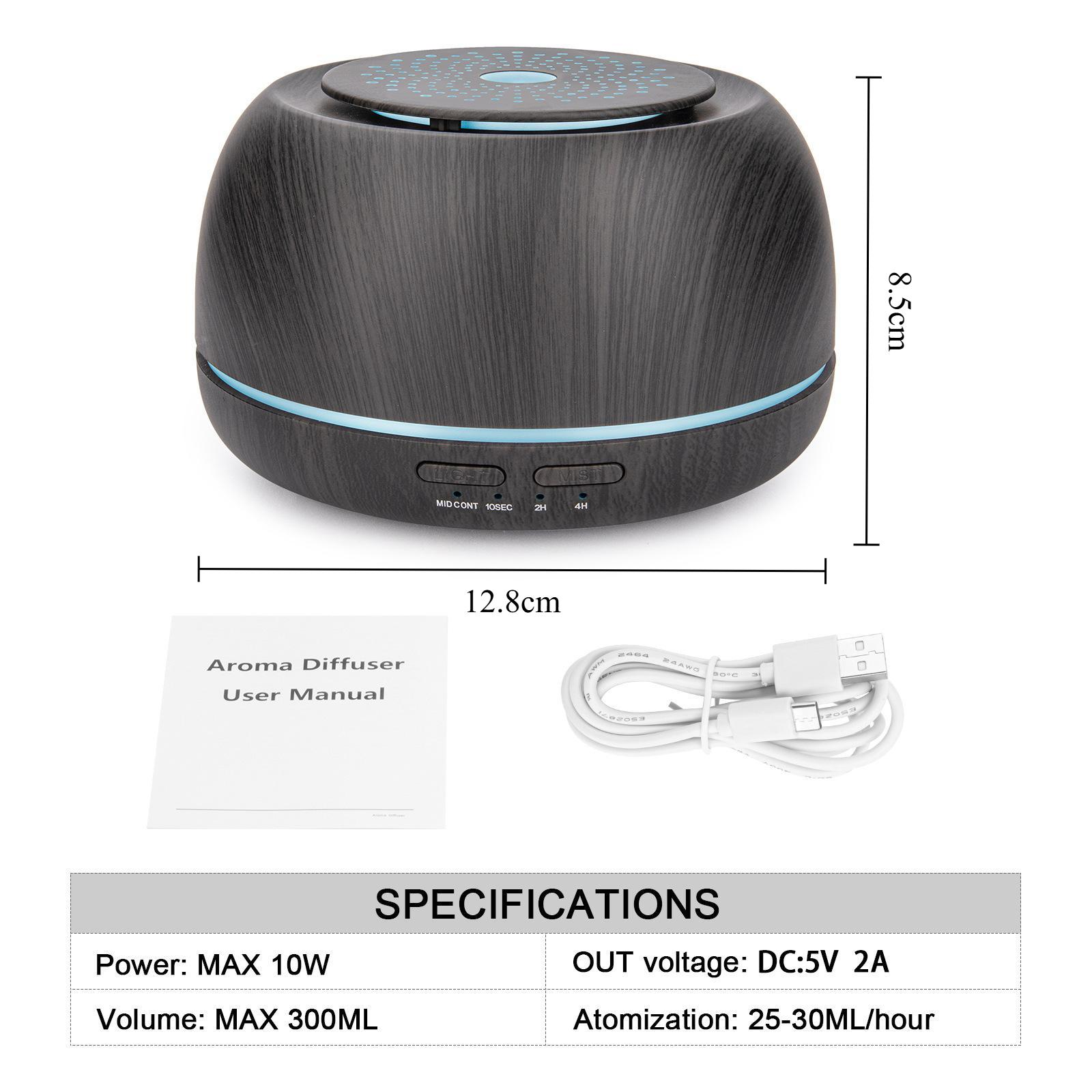 Schwarzer Diffusor mit Abmessungen und Spezifikationen. Weißer Hintergrund. Benutzerhandbuch und USB-Kabel.