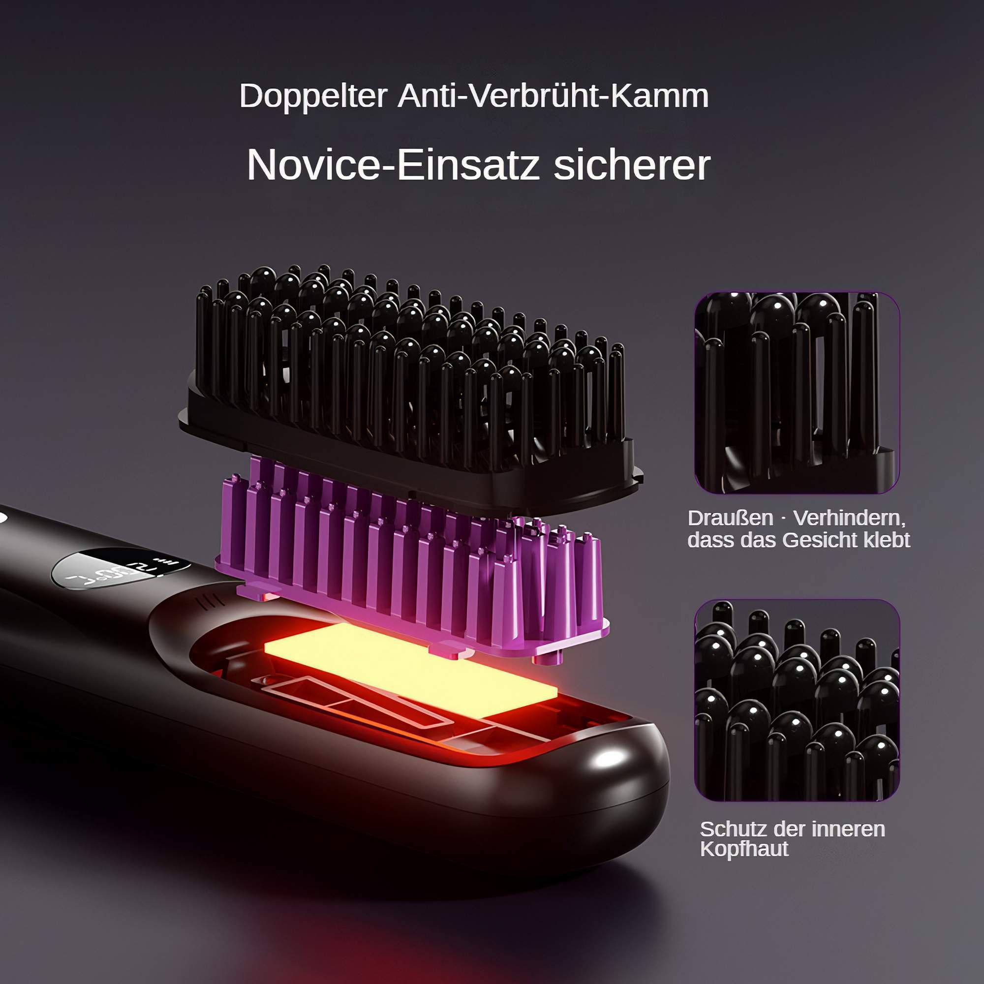 Ein Haarglätter mit schwarzem Griff und einem lila-schwarzen Kamm. Der Text beschreibt seine Funktionen.