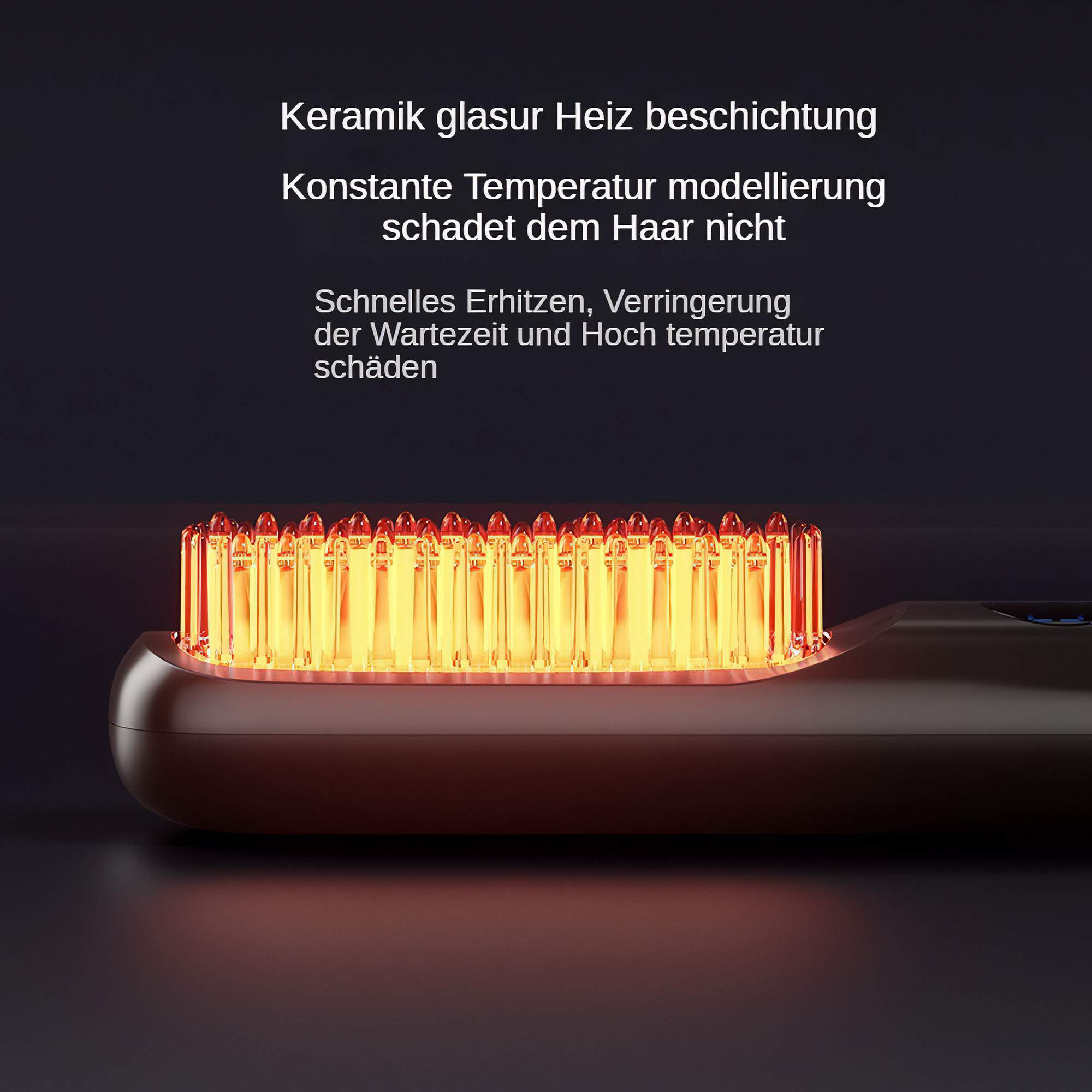 Ein schwarzer Haarglätter mit roten Heizelementen. Der Text beschreibt Wärme und Temperaturmodell.