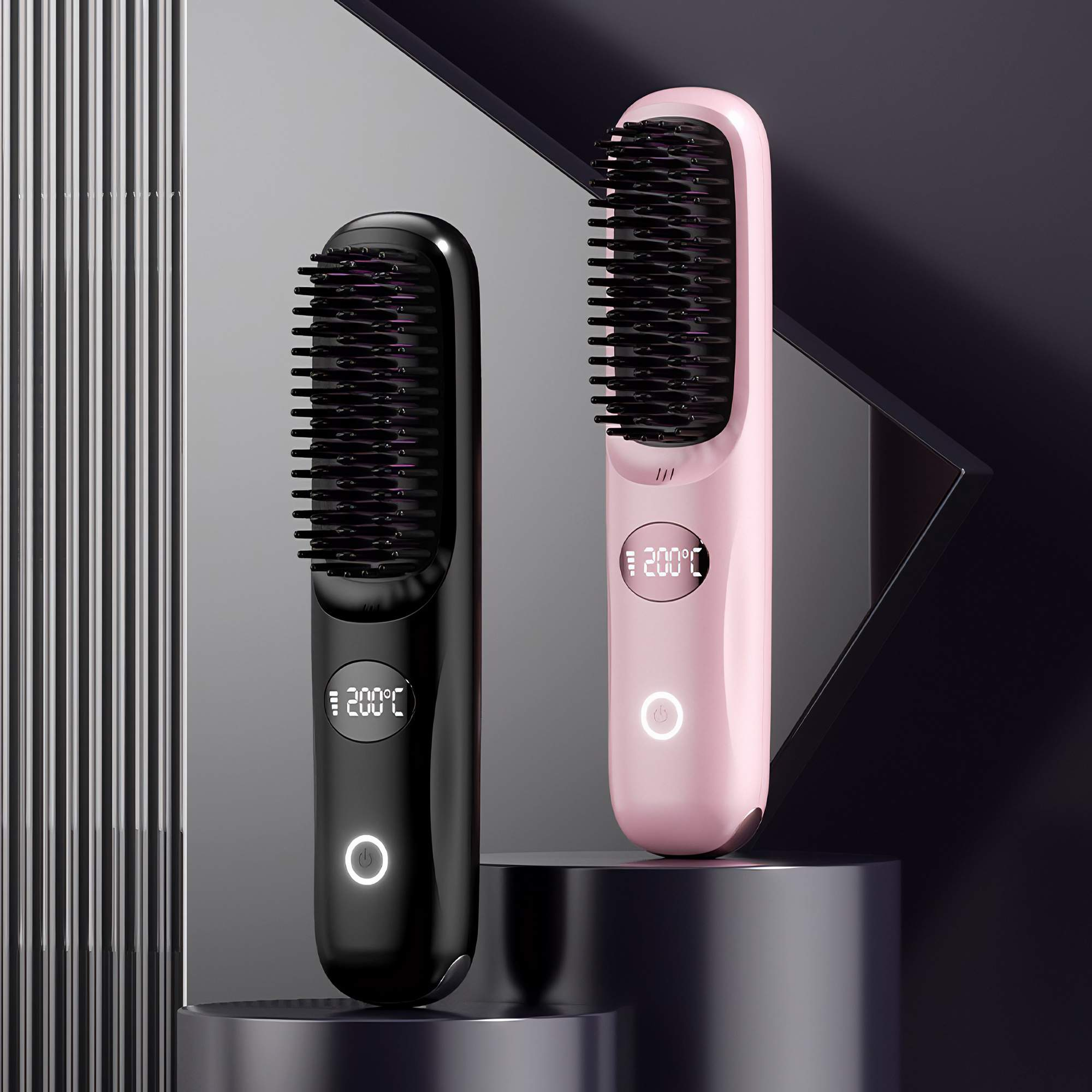 Zwei Haarglätter, einer schwarz und einer rosa, beide mit Digitalanzeigen, die 200°C anzeigen. Schwarzer Hintergrund.