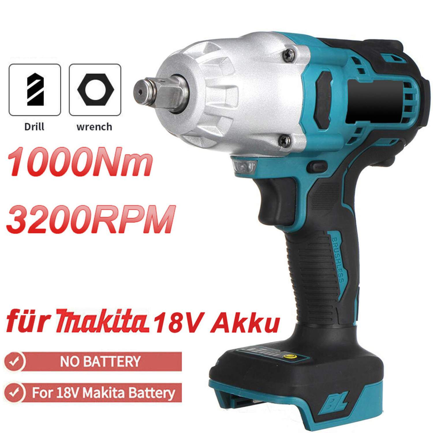 Ein Schlagschrauber in Türkis und Silber mit Text über seine Eigenschaften und Batteriekompatibilität.