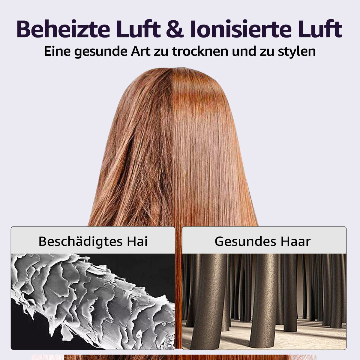 Haarquerschnittsvergleich. Geschädigtes Haar vs. gesundes Haar. Text: Erhitzte Luft & ionisierte Luft.