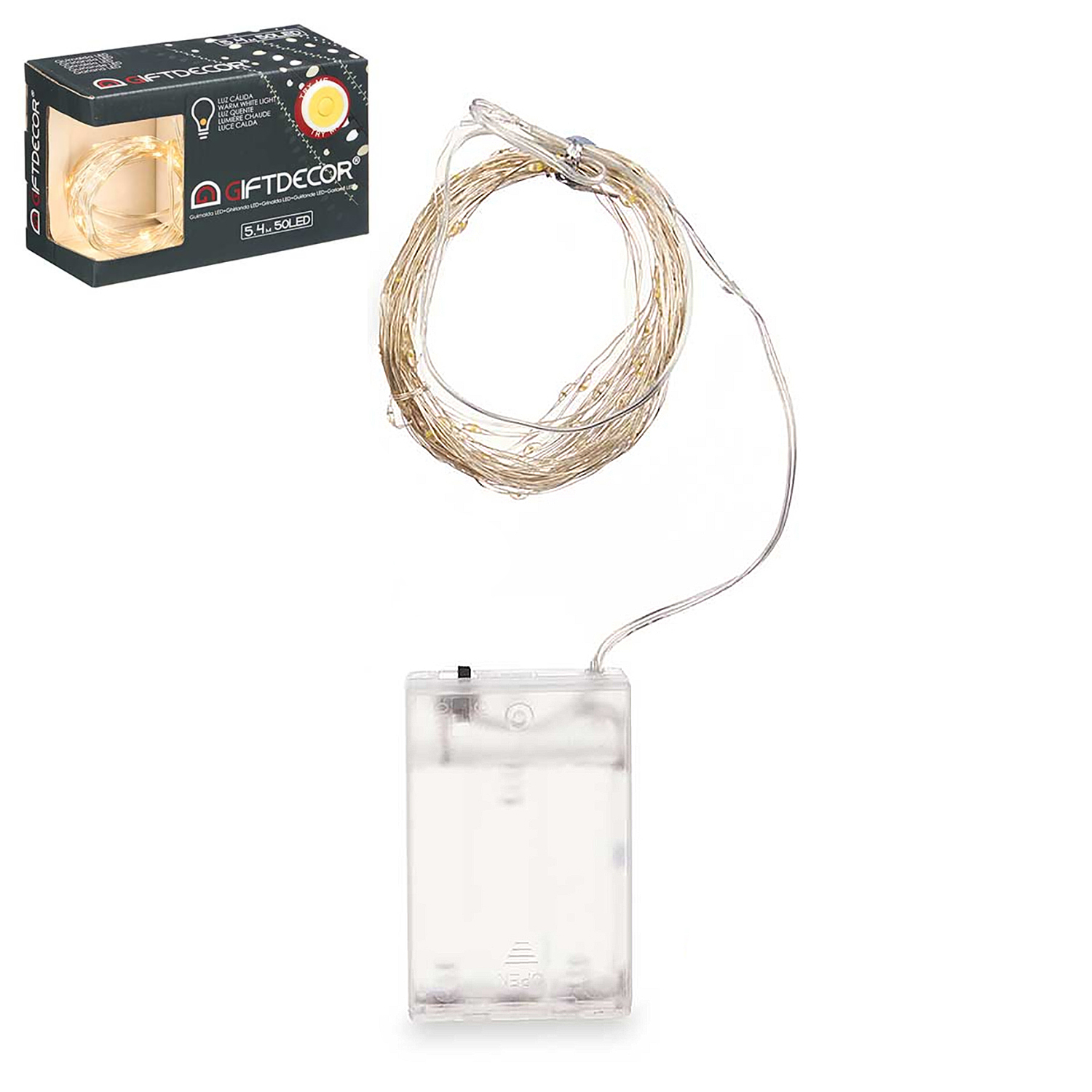 Una cadena de luces LED con un paquete de baterías y caja.