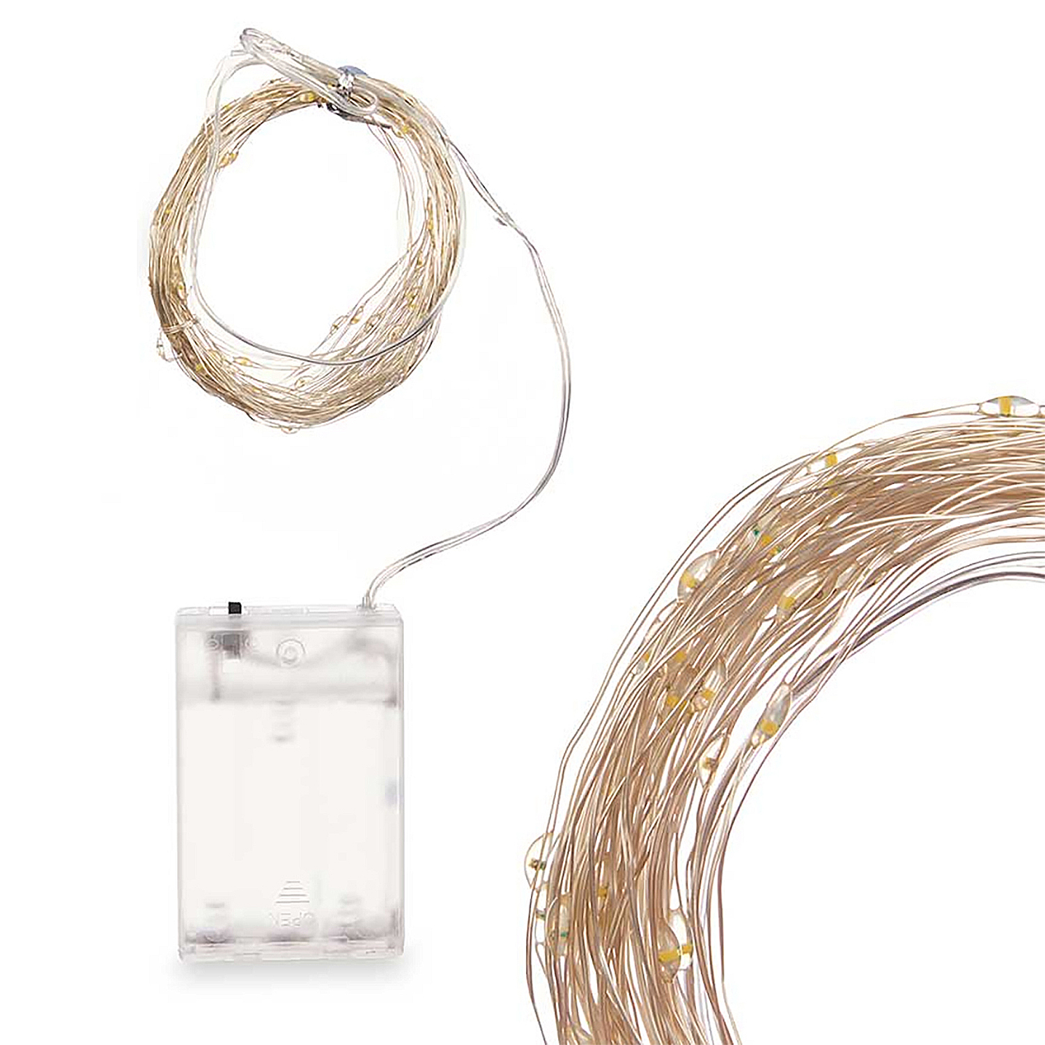 Una cadena de luces LED con un paquete de baterías.