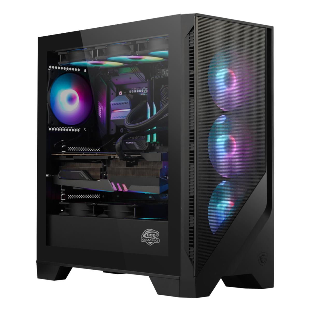 Ein schwarzes Computergehäuse mit Glasseitenwand, die interne Komponenten wie Lüfter zeigt.