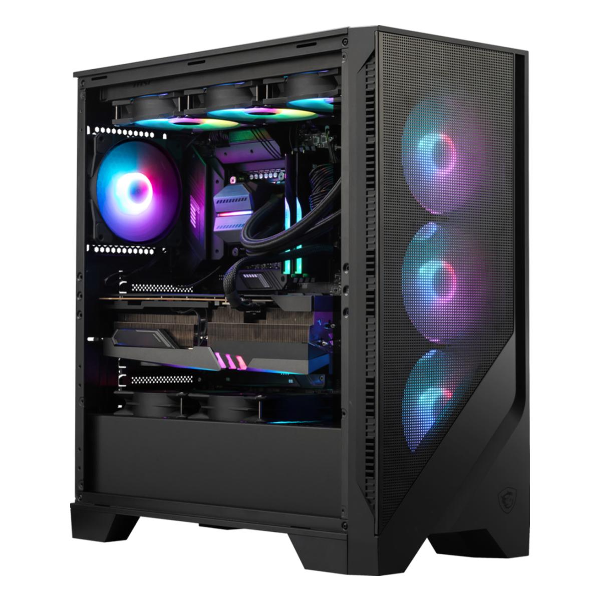 Schwarzes PC-Gehäuse mit offener Seite, zeigt Komponenten. Fans leuchten. Mehrere farbige Lichter sind vorhanden.