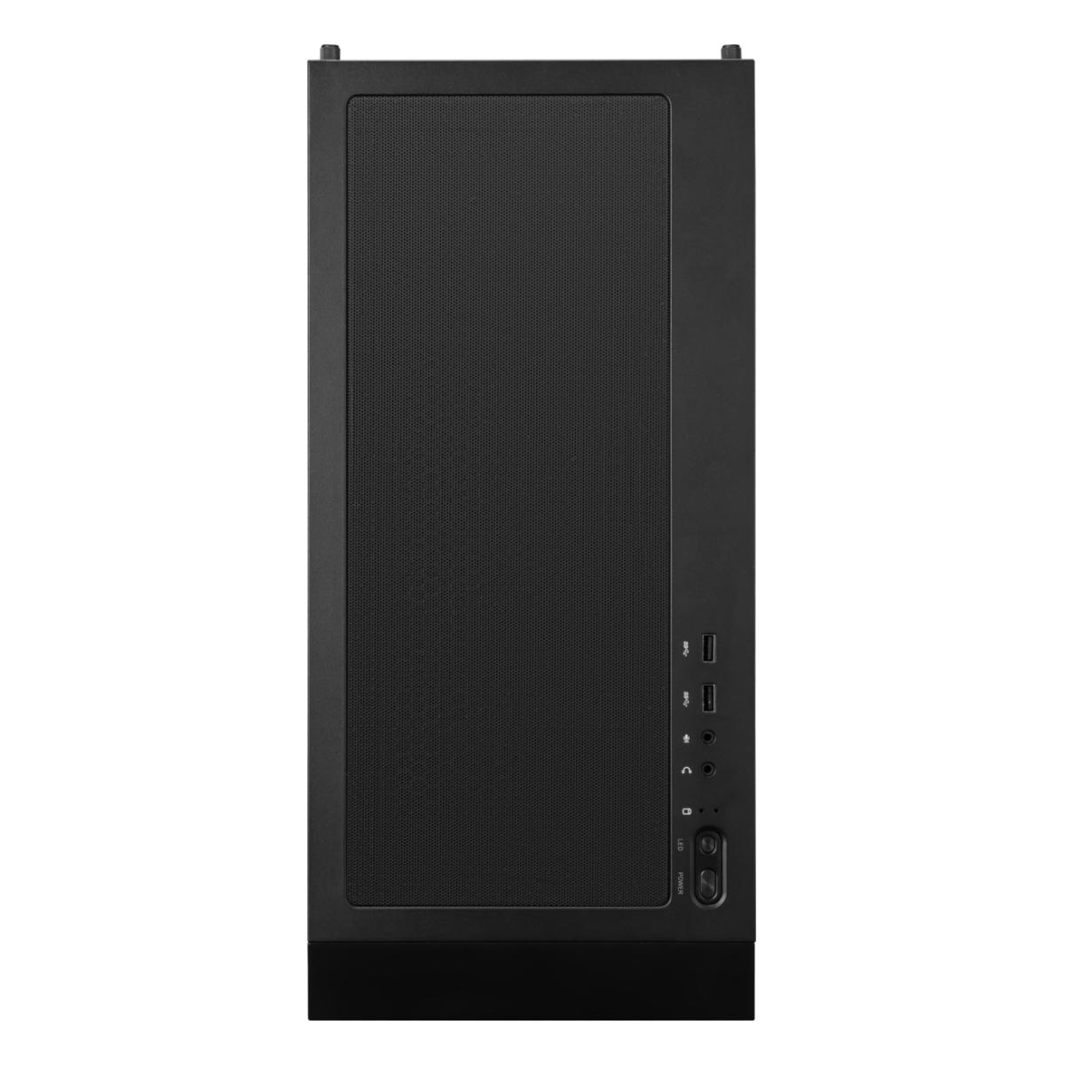 Schwarze PC-Gehäuse-Vorderansicht. Die Frontplatte hat ein Mesh-Muster. Anschlüsse befinden sich rechts.