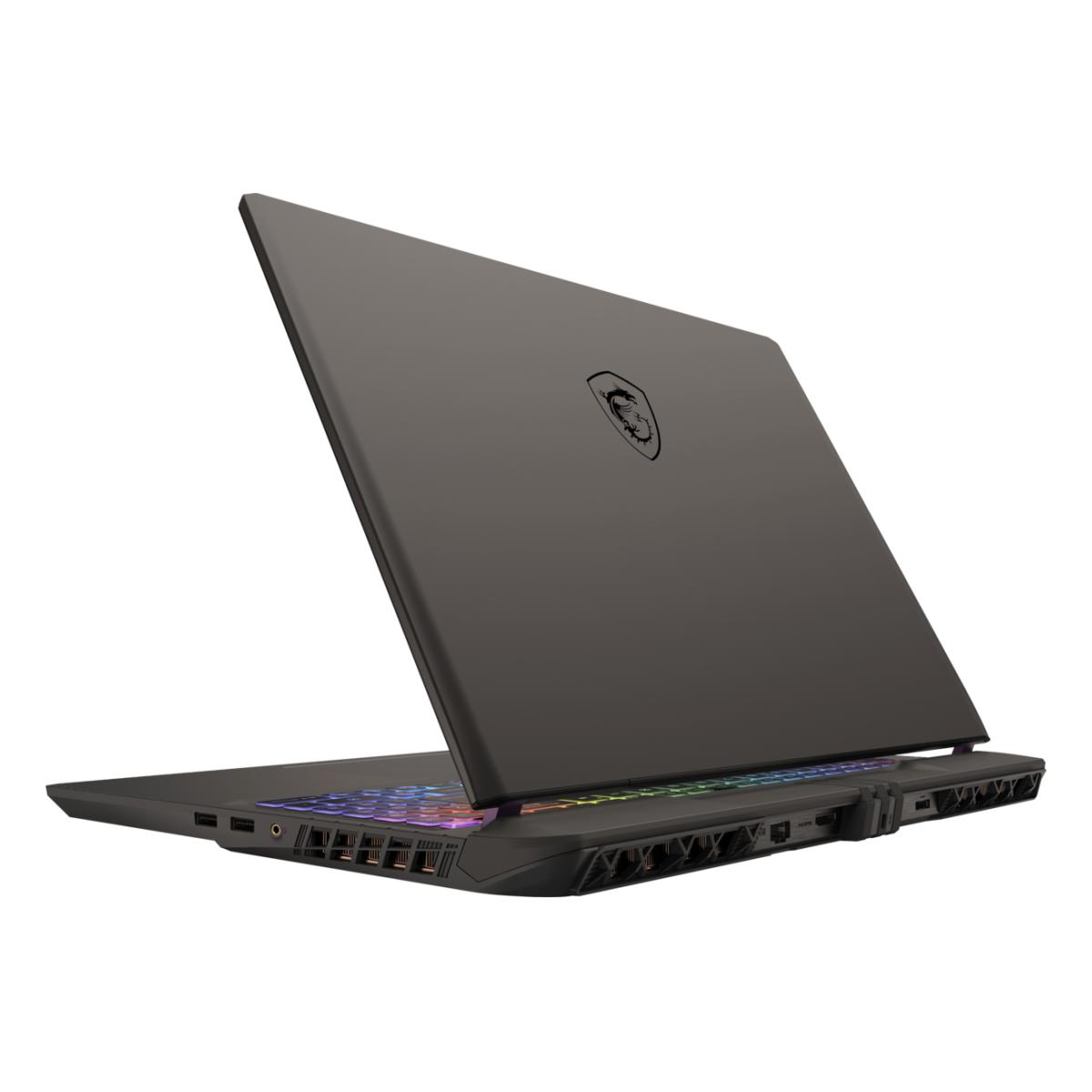 Schwarzer MSI-Laptop von hinten gesehen, leicht geöffnet. Ein Drachenlogo ist auf dem Deckel sichtbar.