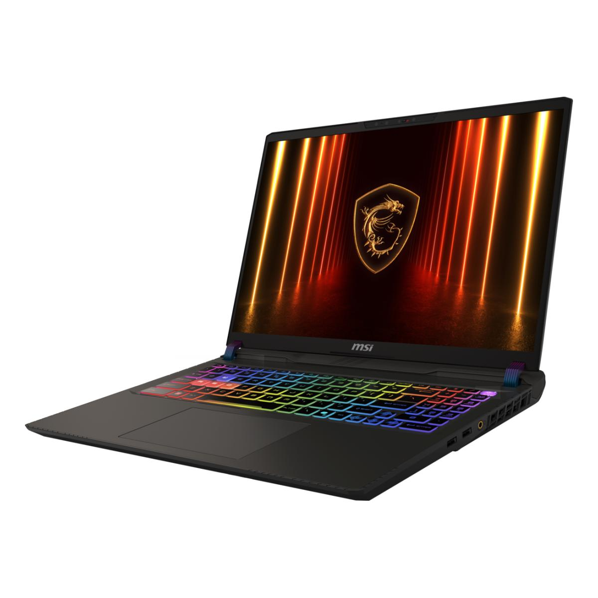 Laptop mit beleuchteter Tastatur. Der Bildschirm zeigt das Drachenlogo. Das MSI-Logo ist sichtbar.