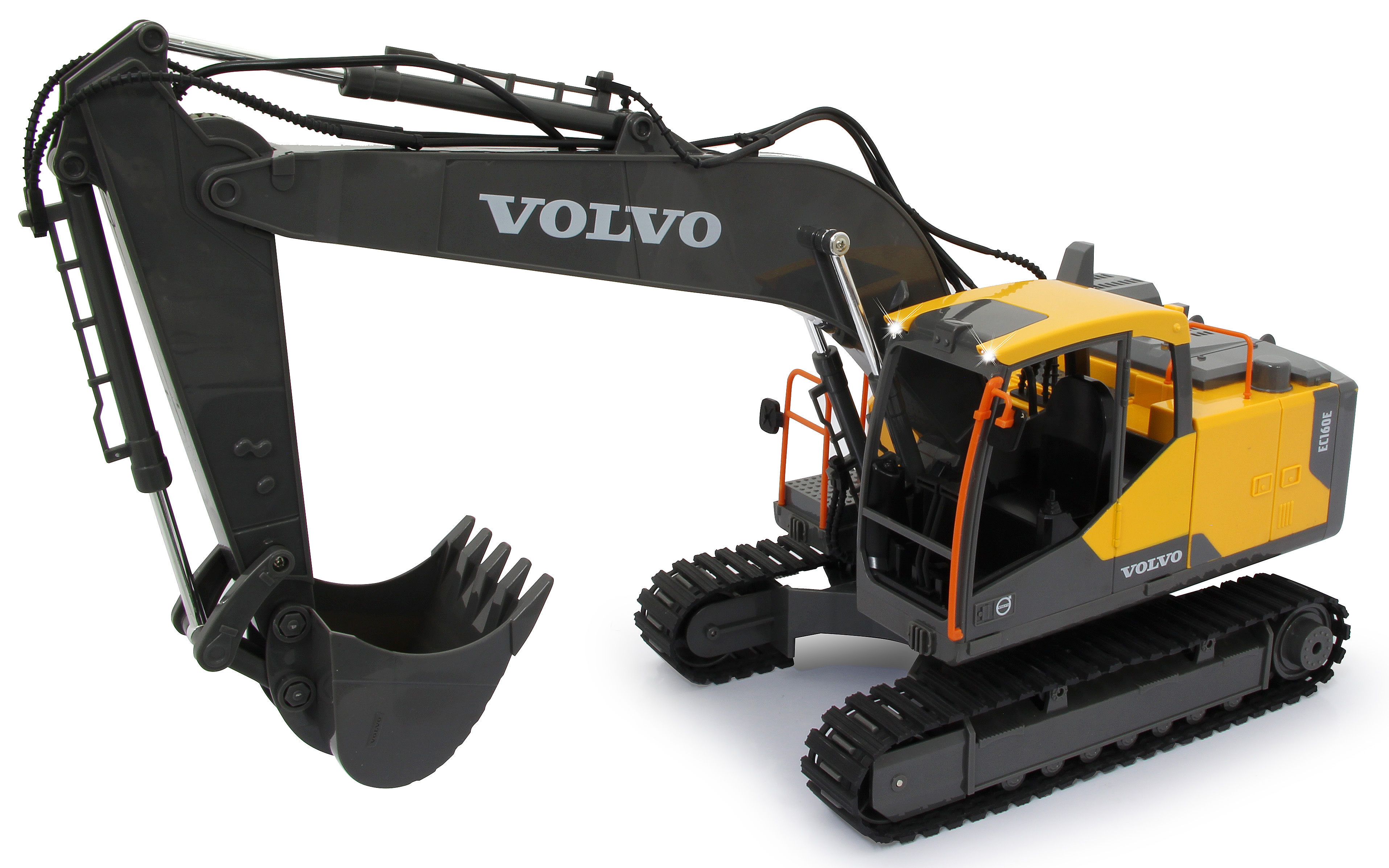 Excavadora de juguete Volvo EC160E amarilla y gris. Tiene un brazo y un cucharón negros.
