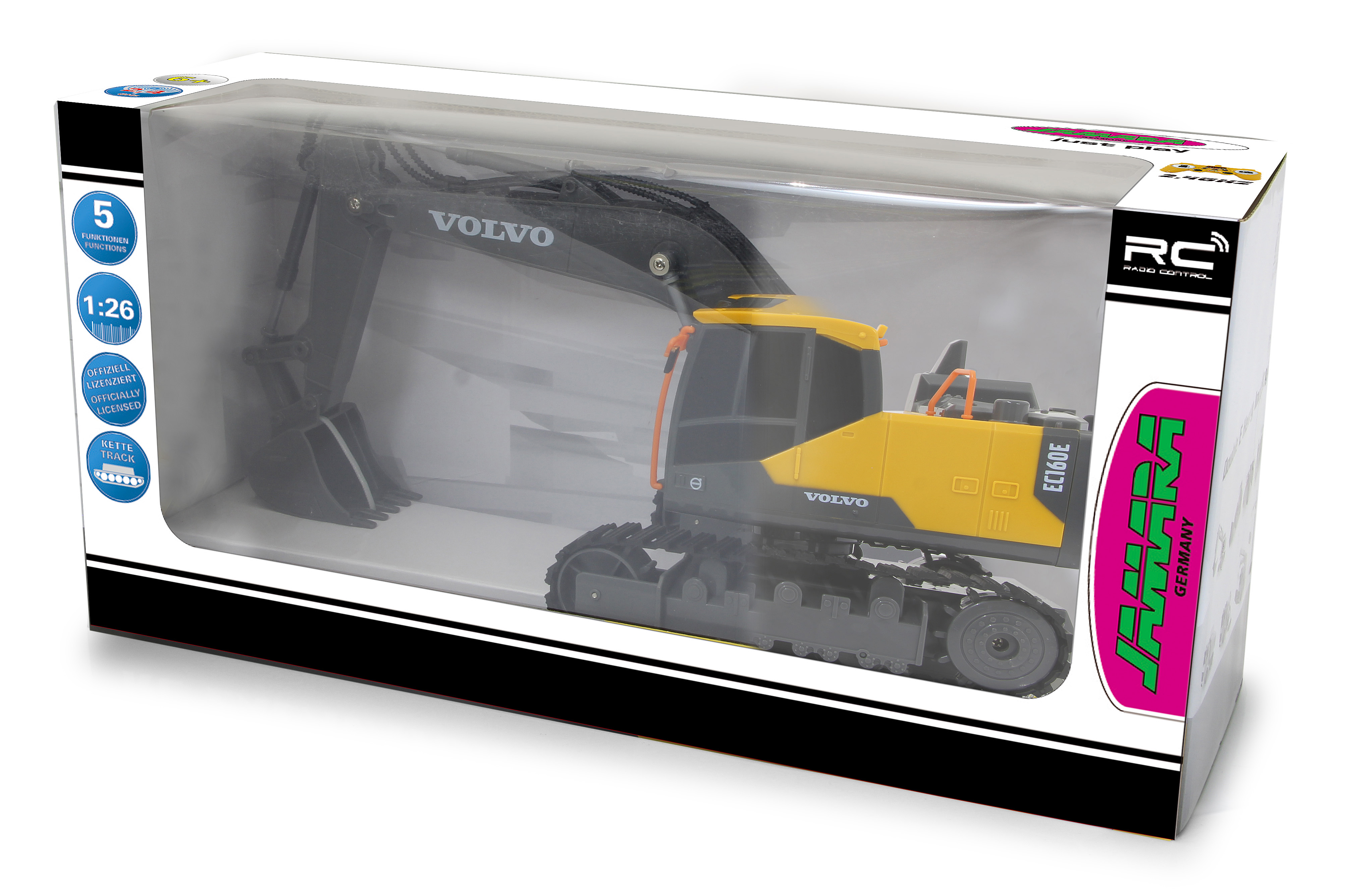 Ein Volvo EC160E Spielzeugbagger in einer Schachtel. Die Schachtel zeigt das Spielzeug und Text.